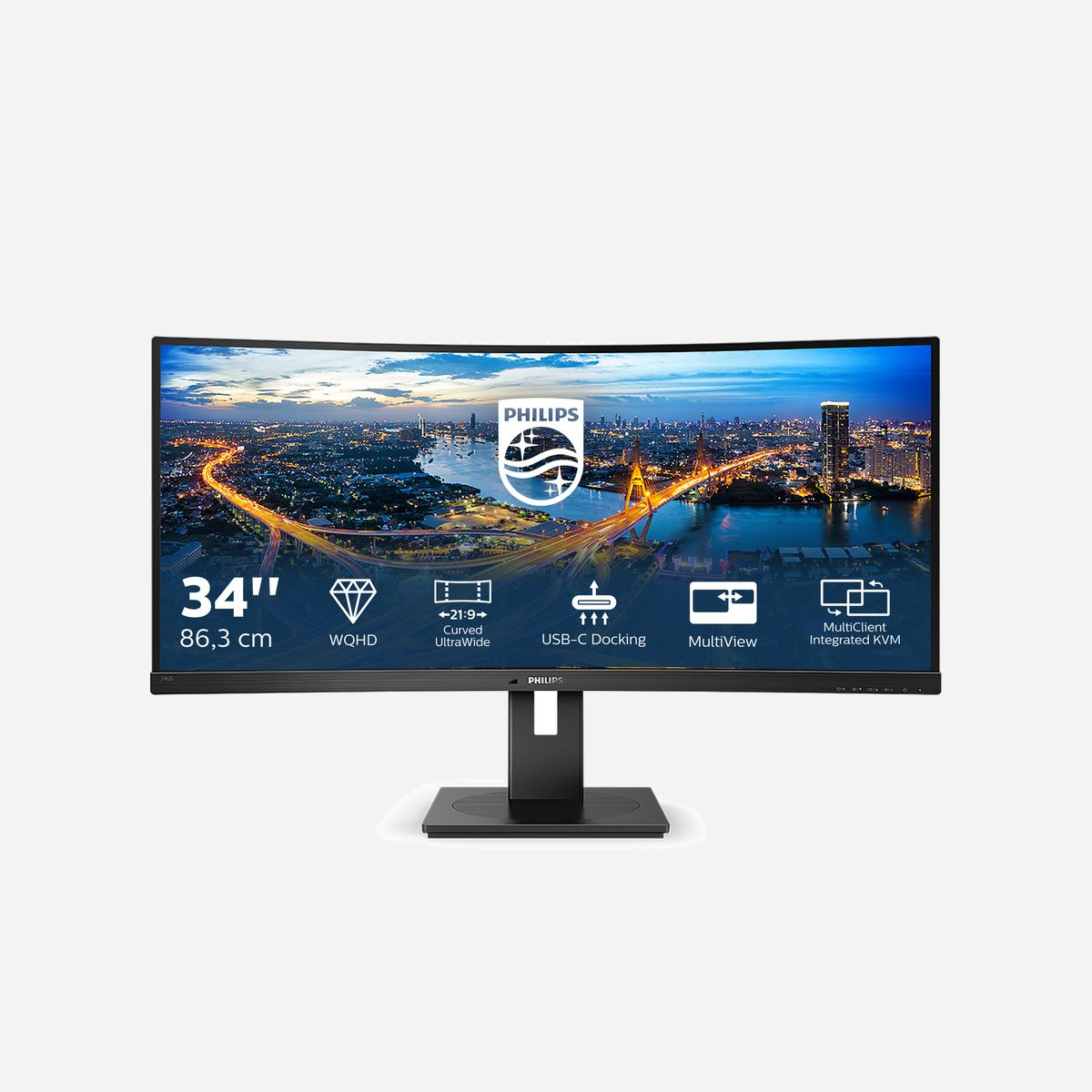 Philips B Line 346B1C/00 Écran LCD 34" Quad HD 3440x1440 VA 1500R, 4ms, 300cd/m², USB-C 90W, HDMI 2.0, DisplayPort 1.2, Hub USB 3.2, Haut-parleurs - Découvrez le moniteur incurvé UltraWide Philips B-line de 34" (86 cm) offrant une vision panoramique pour une productivité optimale. Son socle ergonomique tout-en-un avec connexion USB-C garantit un confort de travail optimal. Certification TÜV pour la réduction de la fatigue oculaire.