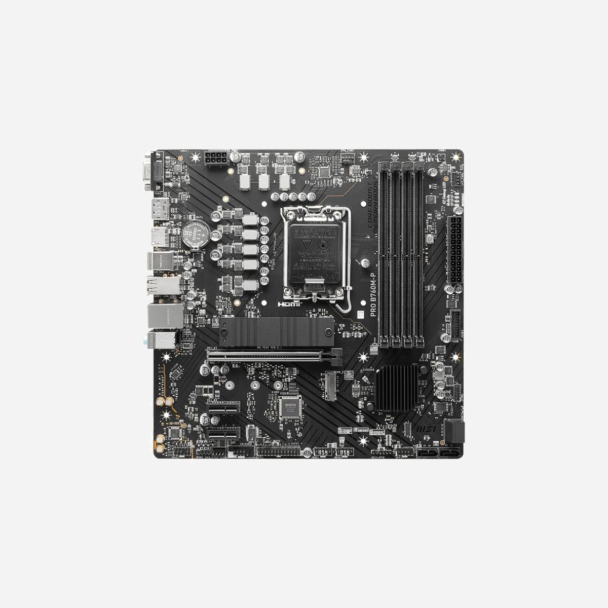 Carte mère MSI PRO B760M-P - Chipset Intel B760, Socket LGA 1700, DDR5-SDRAM jusqu'à 192GB, SATA III, RAID 0/1/5/10, Micro ATX, Realtek ALC897 7.1 - <p>Découvrez la carte mère MSI PRO B760M-P compatible avec les processeurs Intel Celeron et Pentium Gold. Prend en charge jusqu'à 192 Go de mémoire DDR5-SDRAM et offre des fonctionnalités avancées telles que des interfaces SATA III et des niveaux RAID. Parfaite pour les PC de taille micro ATX.</p>