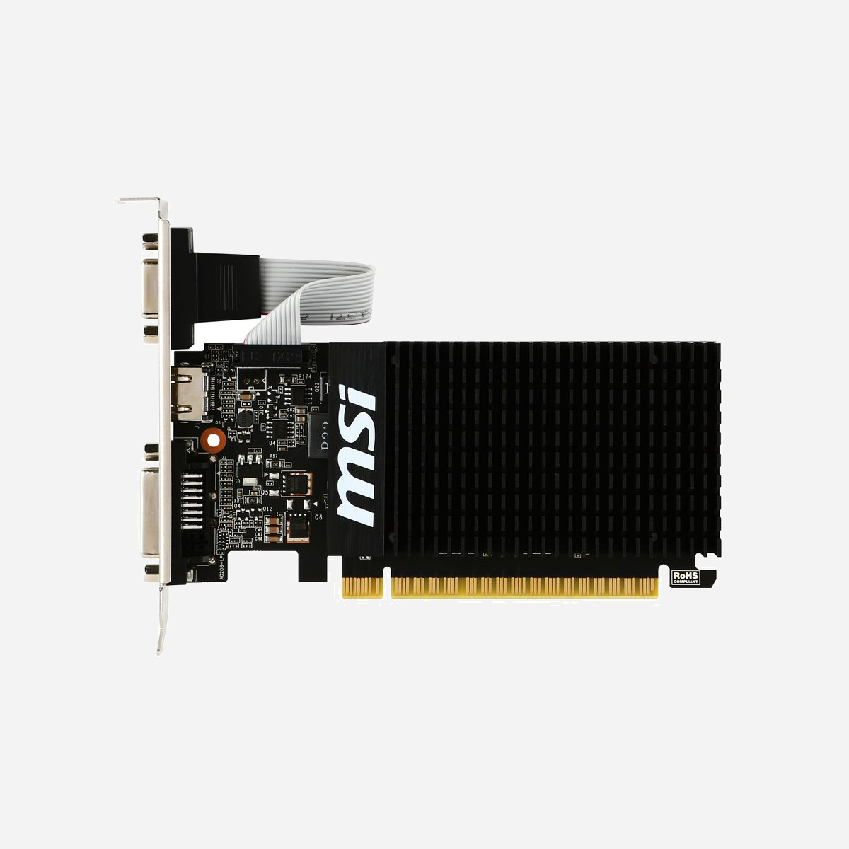 MSI GeForce GT 710 V809-2000R 2Go GDDR3, Fréquence GPU 954MHz, Sorties HDMI 1.4a/DVI-D/VGA, PCIe 2.0 x16, Refroidissement Passif, Low Profile - <b>Condensateurs de première qualité</b><br><br>- Durée de vie pouvant aller jusqu'à 10 ans (en charge complète)<br>- Température réduite et efficacité améliorée<br>- ESR extrêmement faible<br><br><b>Nuisances sonores réduites</b><br><br>- Un large radiateur recouvre la zone du GPU et de la mémoire<br>- Assure un environnement agréable pour le jeu et le multimédia<br><br><b>Format «Low Profile»</b><br><br>- Design Low «Low Profile» pour gagner de la place<br>- Possibilité d'être intégrée dans un boîtier plus petit<br><br><b>Utilitaire d'overcloking Afterburner</b><br><br>- Support de l'enregistrement vidéo pendant vos jeux<br>- Contrôle à distance avec périphérique iOS/Android<br>- Outil de benchmark DX12 intégré