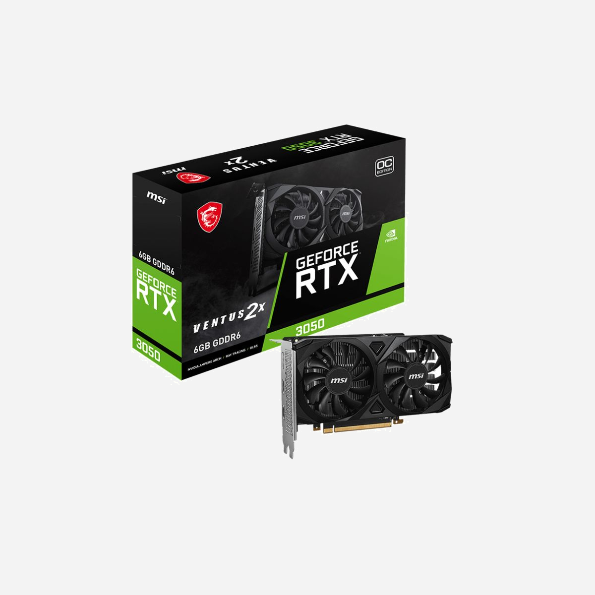 MSI GeForce RTX 3050 VENTUS 2X 6G OC, 6 Go GDDR6, 96-bit, PCIe 4.0 x8, 2 ventilateurs, HDMI 2.1/DisplayPort 1.4a, NVIDIA G-SYNC - MSI Geforce RTX 3050 VENTUS 2X 6G OC. Processeur graphique famille: NVIDIA, Processeur graphique: GeForce RTX 3050. Mémoire carte graphique distincte: 6 Go, Type de mémoire de l'adaptateur graphique: GDDR6, Mémoire Bus: 96 bit. Résolution maximale: 7680 x 4320 pixels. Version DirectX: 12 Ultimate, Version OpenGL: 4.6. Type d'interface: PCI Express x8 4.0. Type de refroidissement: Actif, Nombre de ventilateurs: 2 ventilateur(s)