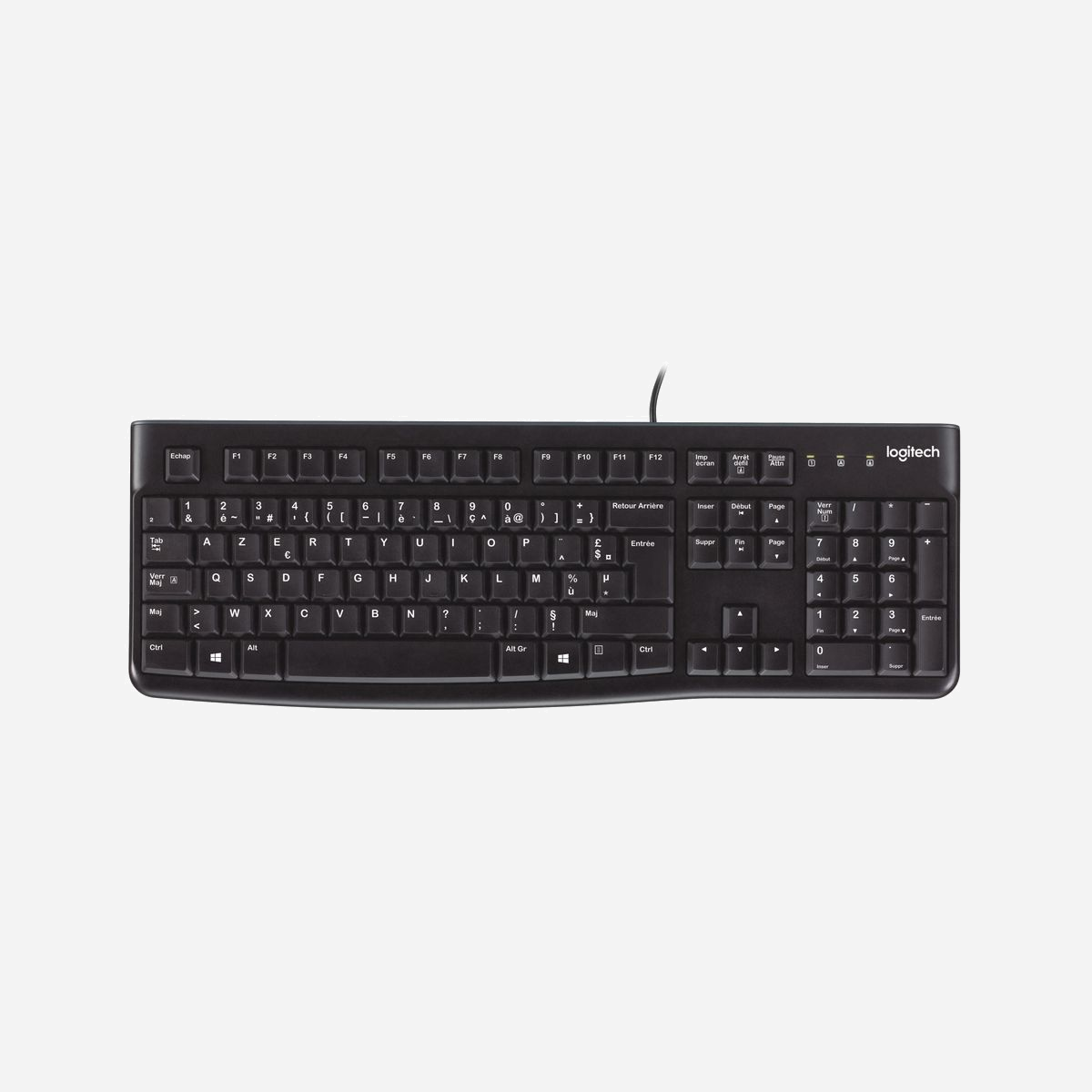 Logitech Keyboard K120 for Business - Clavier USB AZERTY Français Noir, Frappe Silencieuse, Durée de Vie 10M Frappes, Résistant aux Éclaboussures - <b>Avec ses touches ultra-plates, son agencement standard et son design élégant mais solide, ce clavier USB vous fournit un confort de frappe supérieur et durable.</b><br><br><b>Frappe confortable et silencieuse</b><br>Frappe confortable et silencieuse garantie grâce aux touches ultra-plates de ce clavier et à son agencement standard composé de touches de fonction pleine taille et d'un pavé numérique.<br><br><b>Design étanche</b><br>Les éclaboussures accidentelles sont évacuées, évitant ainsi d'endommager le clavier.<br><br><b>Profil fin</b><br>Le profil du clavier ajoute une touche élancée à votre bureau tout en vous assurant une position des mains plus neutre et confortable.<br><br><b>Touches durables</b><br>Les touches peuvent supporter jusqu'à 10 millions de frappes, une résistance bien supérieure à la moyenne des claviers.<br><br><b>Pattes réglables et robustes</b><br>Pour répondre à vos besoins en ergonomie, les pieds rétractables permettent d'augmenter l'inclinaison d'environ huit degrés.<br><br><b>Connexion USB prête à l'emploi</b><br>L'installation est un jeu d'enfant. Il suffit de brancher le clavier sur un port USB de l'ordinateur de bureau ou portable pour pouvoir l'utiliser immédiatement.<br><br><b>Touches faciles à lire</b><br>Les caractères en gras et en blanc améliorent la lisibilité des touches et sont parfaitement adaptés aux utilisateurs ayant des problèmes de vue. Leur résistance à l'usure est également améliorée.<br><br><b>La fiabilité Logitech</b><br>Pour un prix abordable, vous bénéficiez du haut niveau de qualité et de fiabilité qui font de Logitech le leader mondial sur le marché des claviers et des souris, le tout avec une garantie de 3 ans.<br><br><b>Barre d'espacement incurvée</b><br>Elle vous permet d'adopter une position des mains plus naturelle, pour un meilleur confort de frappe.