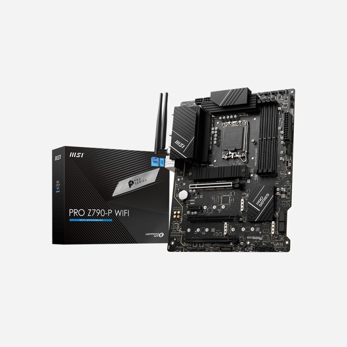 Carte mère MSI PRO Z790-P WIFI - Chipset Intel Z790, Socket LGA 1700, DDR5-SDRAM jusqu'à 128Go 7000MHz, 4xM.2, Wi-Fi 6, 2.5GbE, ATX - MSI PRO Z790-P WIFI. Fabricant de processeur: Intel, Socket de processeur (réceptable de processeur): LGA 1700, Processeurs compatibles: Intel® Celeron®, Intel® Pentium® Gold. Types de mémoire pris en charge: DDR5-SDRAM, Mémoire interne maximale: 128 Go, Сompatibilité ECC: Non-ECC. Interfaces de lecteur de stockage prises en charge: M.2, PCI Express, Types de lecteurs de stockage pris en charge: HDD & SSD, Capacité de stockage interne: 10 Go. Type d'interface Ethernet: 2.5 Gigabit Ethernet, Norme Wi-Fi: Wi-Fi 6 (802.11ax), Standards wifi: 802.11a, 802.11b, 802.11g, Wi-Fi 4 (802.11n), Wi-Fi 6 (802.11ax). composant pour: PC, Elément de forme de carte mère: ATX, famille de composant de produits: Intel