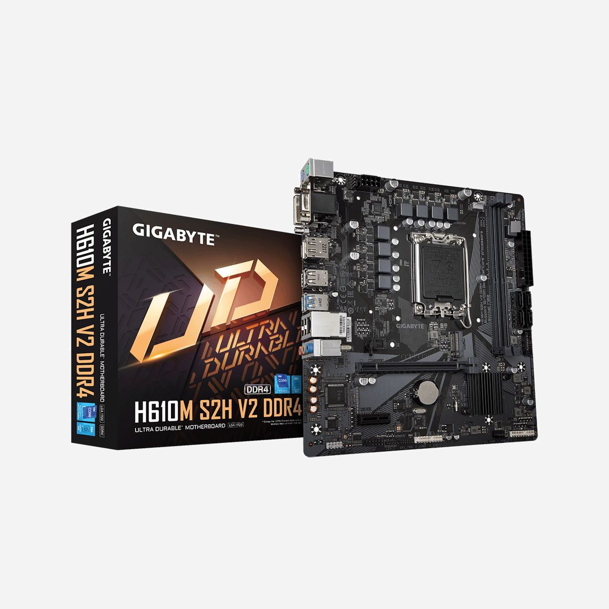 GIGABYTE H610M S2H V2 DDR4, Socket LGA 1700 Intel H610 Express, 2x DIMM DDR4 3200MHz, 1x M.2, 4x SATA III, Gigabit Ethernet, Micro ATX - GIGABYTE H610M S2H V2 DDR4. Fabricant de processeur: Intel, Socket de processeur (réceptable de processeur): LGA 1700, Processeurs compatibles: Intel® Celeron®, Intel® Core™ i3, Intel® Core™ i5, Intel® Core™ i7, Intel® Core™ i9,.... Types de mémoire pris en charge: DDR4-SDRAM, Mémoire interne maximale: 64 Go, Type de support (slot): DIMM. Interfaces de lecteur de stockage prises en charge: M.2, SATA, Types de lecteurs de stockage pris en charge: HDD & SSD. Famille d'adaptateur graphique: Intel, Adaptateur graphique: HD Graphics, Modèle d'adaptateur graphique inclus: Intel® HD Graphics. Type d'interface Ethernet: Gigabit Ethernet