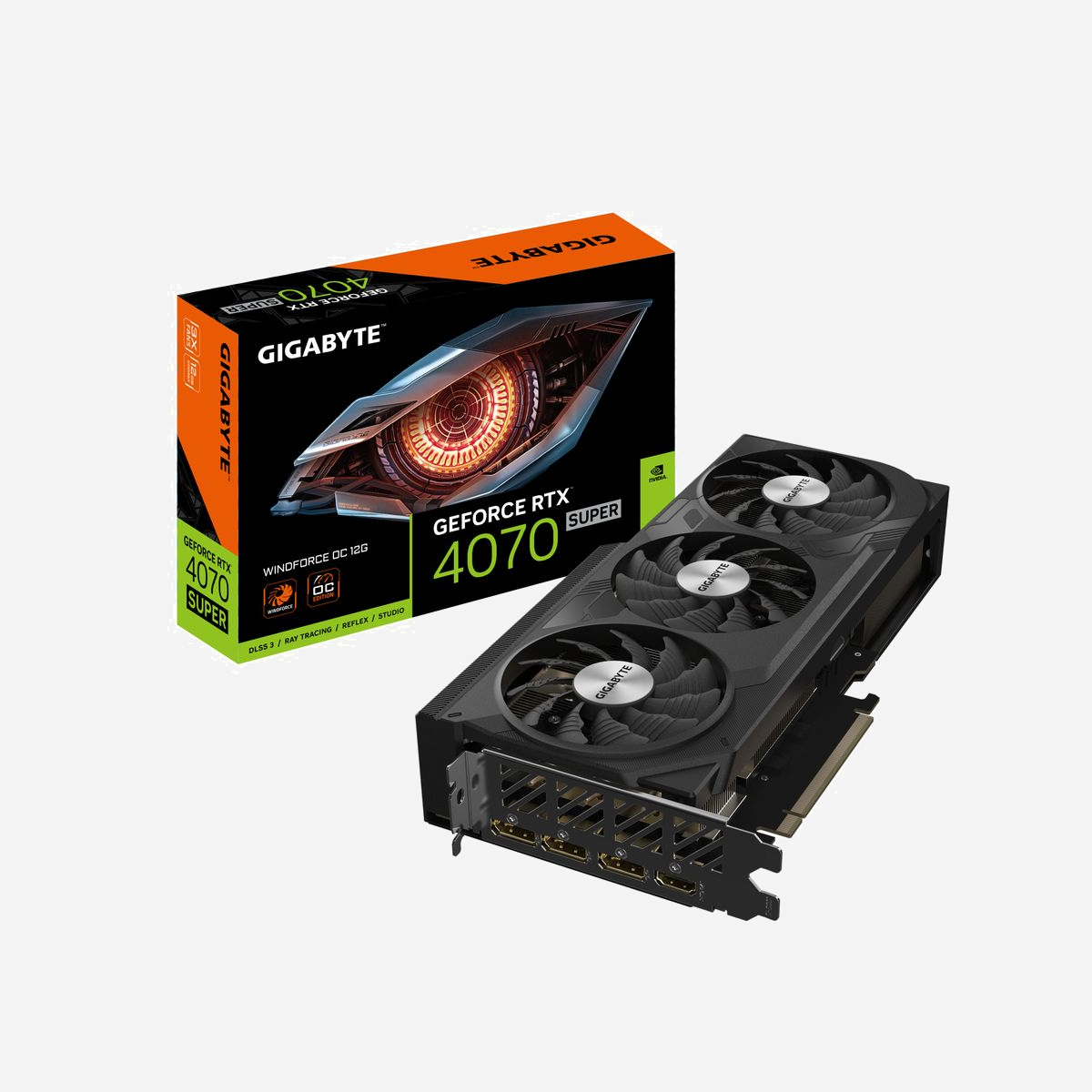 GIGABYTE GeForce RTX 4070 SUPER WINDFORCE OC 12G, 12 Go GDDR6X, 2505 MHz, PCIe 4.0, 3x DisplayPort 1.4a, HDMI 2.1a, Refroidissement WINDFORCE 3X - GIGABYTE GeForce RTX 4070 SUPER WINDFORCE OC 12G. Processeur graphique famille: NVIDIA, Processeur graphique: GeForce RTX 4070 SUPER, Fréquence du processeur: 2505 MHz. Mémoire carte graphique distincte: 12 Go, Type de mémoire de l'adaptateur graphique: GDDR6X, Mémoire Bus: 192 bit, Fréquence de la mémoire: 21000 MHz. Résolution maximale: 7680 x 4320 pixels. Version DirectX: 12 Ultimate, Version OpenGL: 4.6. Type d'interface: PCI Express 4.0. Type de refroidissement: Actif, Nombre de ventilateurs: 3 ventilateur(s)