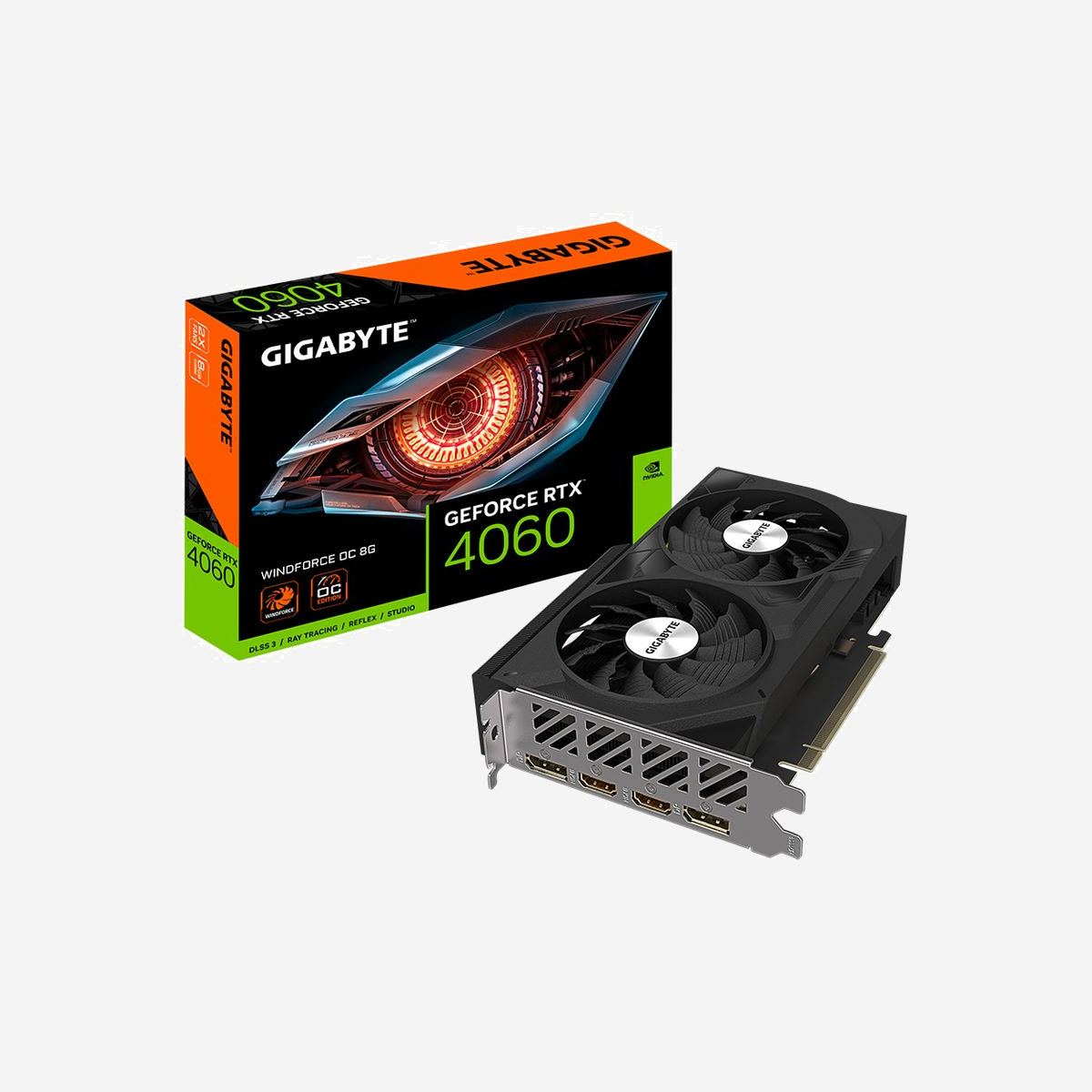 GIGABYTE GeForce RTX 4060 WINDFORCE OC 8G, 2475MHz, 8GB GDDR6, PCIe 4.0, 2x HDMI 2.1a, 2x DisplayPort 1.4a, NVIDIA G-SYNC - GIGABYTE GeForce RTX 4060 WINDFORCE OC 8G. Processeur graphique famille: NVIDIA, Processeur graphique: GeForce RTX 4060, Fréquence du processeur: 2475 MHz. Mémoire carte graphique distincte: 8 Go, Type de mémoire de l'adaptateur graphique: GDDR6, Mémoire Bus: 128 bit. Résolution maximale: 7680 x 4320 pixels. Version DirectX: 12 Ultimate, Version OpenGL: 4.6. Type d'interface: PCI Express 4.0. Type de refroidissement: Actif, Nombre de ventilateurs: 2 ventilateur(s)