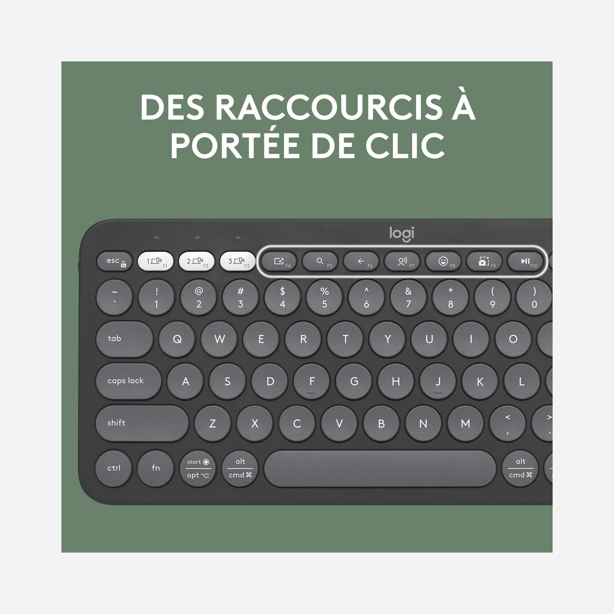 Logitech Pebble Keys 2 K380s : Clavier Universel Sans Fil RF + Bluetooth, AZERTY Français Graphite, Portée 10m, Autonomie 36 Mois, Windows/macOS/Linux/Android/iOS - Défiez l'ennui avec l'emblématique clavier Bluetooth Pebble Keys 2 K380s.<br>La collection de claviers sans fil Pebble 2 se décline en plusieurs coloris et est fabriquée à partir de plastique recyclé. Choisissez celui qui vous convient le mieux.<br>Sa forme minimaliste, légère et profilée, et ses courbes élégantes en font un clavier aussi emblématique que vous et ultra-portable pour que vous puissiez l'emporter partout où vous allez.<br>Basculez facilement entre 3 dispositifs sans fil sur différents systèmes d'exploitation (Windows, macOS, iPadOS, iOS, ChromeOS, Android) d'une simple pression sur le bouton Easy-Switch.<br>Le clavier sans fil dispose également de touches de raccourcis Fn telles que la capture d'écran, la recherche, la dictée vocale et le menu émojis pour gagner du temps.<br>Vous pouvez personnaliser ces 10 touches de raccourcis Fn pour effectuer des actions quotidiennes telles que l'ouverture instantanée de vos applications préférées, l'attribution de raccourcis clavier (copier/coller) et bien plus encore avec l'application Logi Options+.<br><br>Découvrez un tout nouveau niveau de confort. Le clavier Pebble Keys 2 K380s offre une saisie confortable et précise avec des touches incurvées et ultra-plates pour une expérience de frappe familière et discrète, semblable à celle d'un ordinateur portable.<br>Ce clavier sans fil Bluetooth vous offre des heures d'utilisation. Il est doté d'une autonomie de 3 ans, d'un mode d'économie d'énergie de mise en veille automatique et 50% d’autonomie supplémentaire pour vous permettre de travailler plus longtemps. Piles incluses.