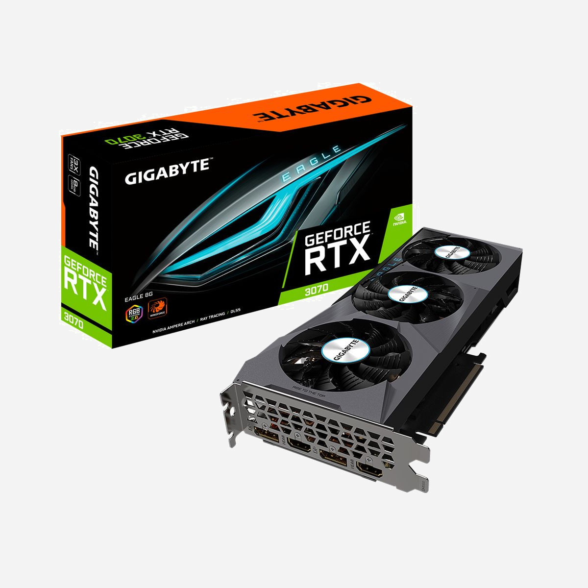 GIGABYTE GeForce RTX 3070 EAGLE 8G (rev. 2.0), 8 Go GDDR6, 1725 MHz, 5888 CUDA, PCI Express 4.0, 2x HDMI 2.1, 2x DisplayPort 1.4a - GIGABYTE EAGLE GeForce RTX 3070 8G (rev. 2.0). Processeur graphique famille: NVIDIA, Processeur graphique: GeForce RTX 3070, Fréquence du processeur: 1725 MHz. Mémoire carte graphique distincte: 8 Go, Type de mémoire de l'adaptateur graphique: GDDR6, Mémoire Bus: 256 bit, Fréquence de la mémoire: 14000 MHz. Résolution maximale: 7680 x 4320 pixels. Version DirectX: 12 Ultimate, Version OpenGL: 4.6. Type d'interface: PCI Express x16 4.0. Type de refroidissement: Actif, Nombre de ventilateurs: 3 ventilateur(s), Couleur de l'éclairage: Multi