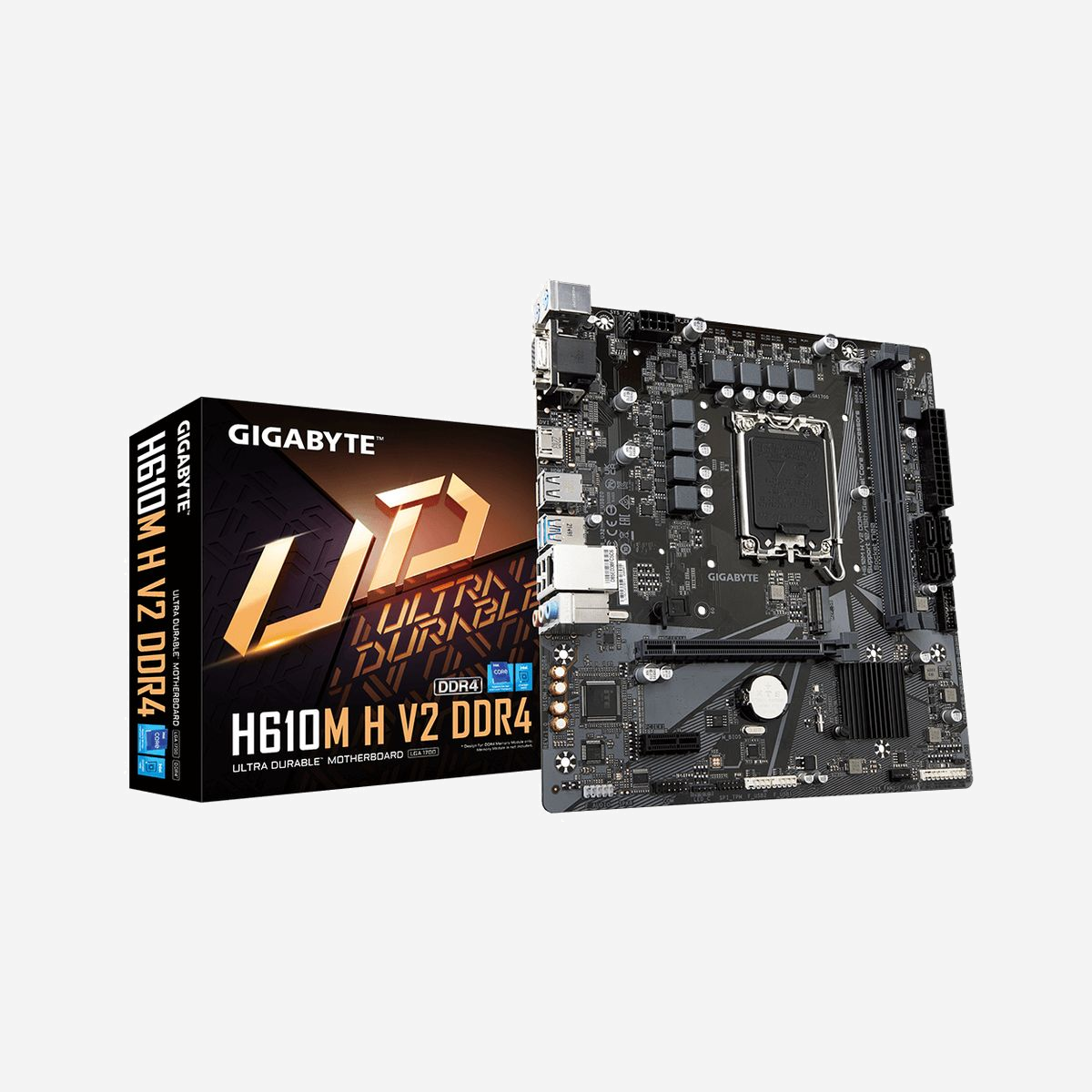 GIGABYTE H610M H V2 DDR4 - Carte mère micro ATX Intel H610 Express LGA 1700, 64 Go DDR4 3200MHz, M.2 PCIe 4.0, Gigabit Ethernet, Windows 11 - GIGABYTE H610M H V2 DDR4. Fabricant de processeur: Intel, Socket de processeur (réceptable de processeur): LGA 1700, Processeurs compatibles: Intel® Celeron®, Intel® Core™ i3, Intel® Core™ i5, Intel® Core™ i7, Intel® Core™ i9,.... Types de mémoire pris en charge: DDR4-SDRAM, Mémoire interne maximale: 64 Go, Type de support (slot): DIMM. Interfaces de lecteur de stockage prises en charge: M.2, SATA III, Types de lecteurs de stockage pris en charge: HDD & SSD. Famille d'adaptateur graphique: Intel, Adaptateur graphique: HD Graphics, Résolution maximale: 4096 x 2160 pixels. Type d'interface Ethernet: Gigabit Ethernet