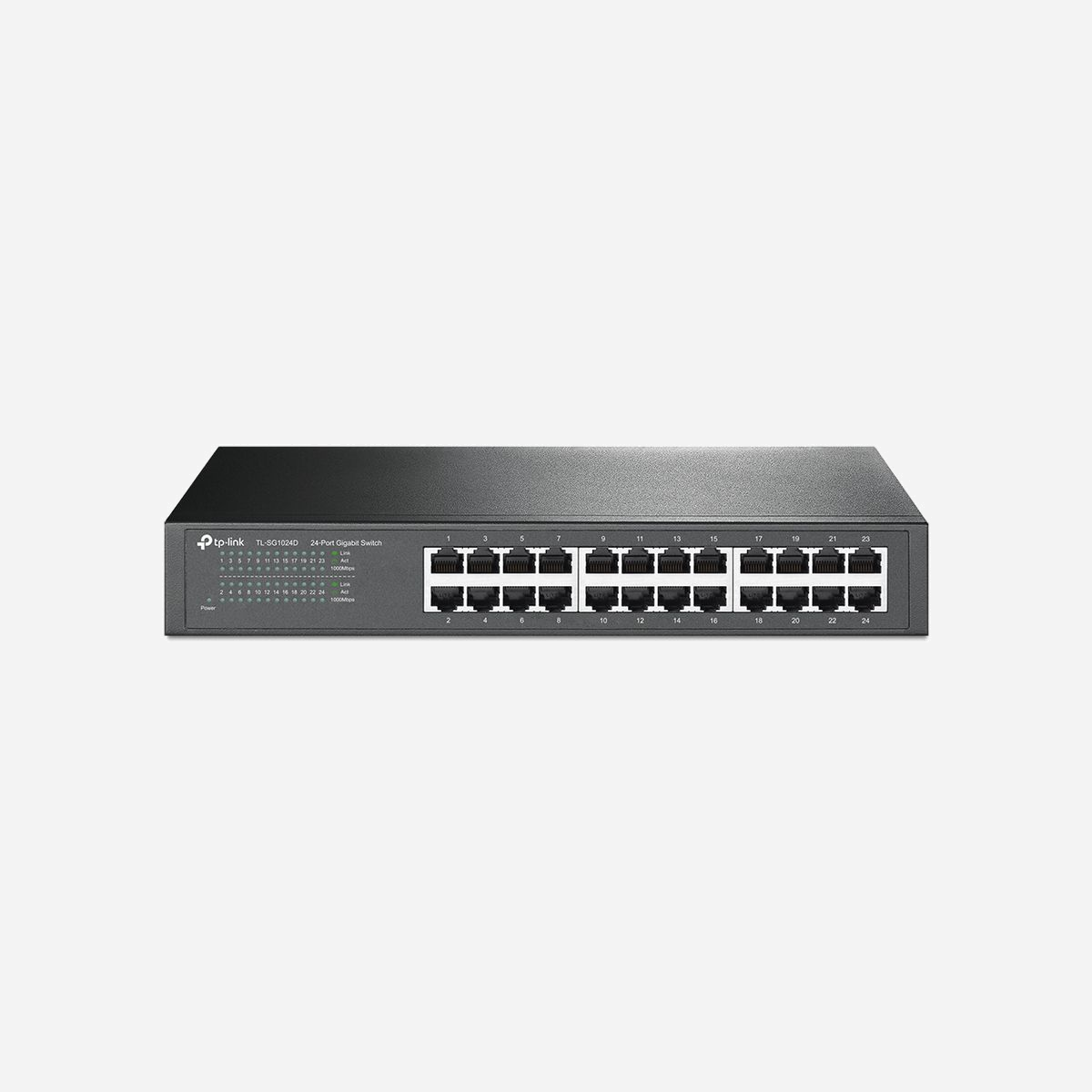 TP-Link TL-SG1024D-V6 : Switch 24 ports Gigabit Ethernet 10/100/1000 Non-géré, capacité 48 Gbit/s, table MAC 8K, QoS, montage rack, Gris - TP-Link TL-SG1024D. Type de commutateur: Non-géré. Type de port Ethernet RJ-45 de commutation de base: Gigabit Ethernet (10/100/1000), Quantité de ports Ethernet RJ-45 de commutation de base: 24. Full duplex. Répertoire MAC: 8000 entrées, Capacité de commutation: 48 Gbit/s. Standards réseau: IEEE 802.3ab, IEEE 802.3u, IEEE 802.3x. Connecteur d'alimentation: DC-in jack. Grille de montage