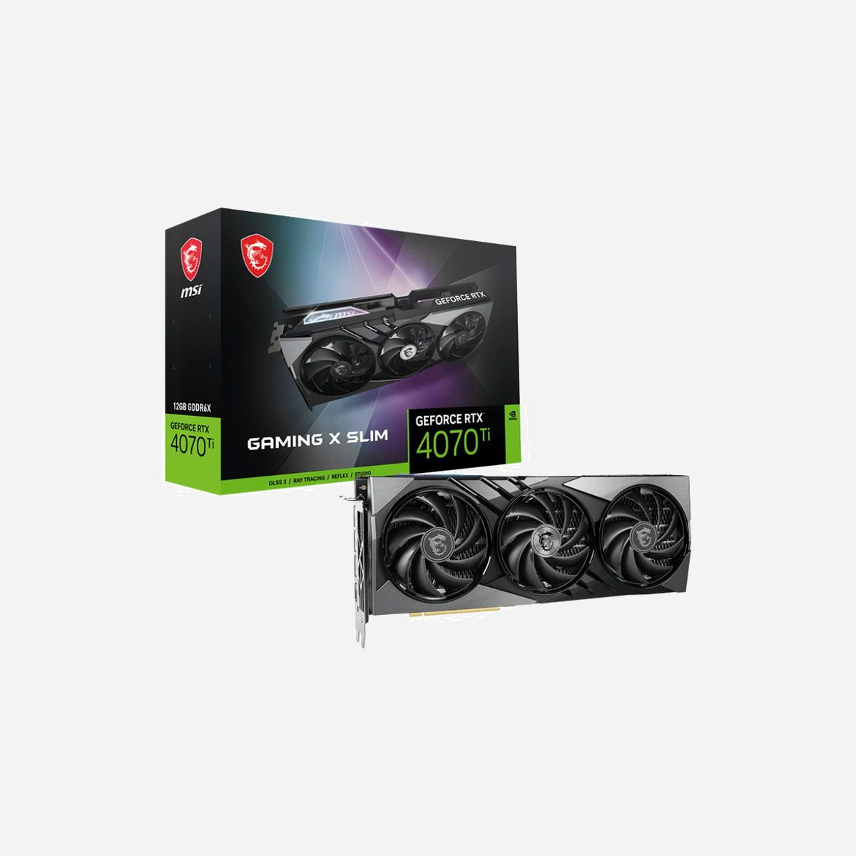 Carte graphique MSI GeForce RTX 4070 Ti 12GB GDDR6X, 2745MHz, 7680 Cuda Cores, PCIe 4.0, 3x DisplayPort 1.4a, HDMI 1.2a - MSI GAMING GEFORCE RTX 4070 TI X SLIM 12G. Processeur graphique famille: NVIDIA, Processeur graphique: GeForce RTX 4070 Ti, Fréquence du processeur: 2745 MHz. Mémoire carte graphique distincte: 12 Go, Type de mémoire de l'adaptateur graphique: GDDR6X, Mémoire Bus: 192 bit. Résolution maximale: 7680 x 4320 pixels. Version DirectX: 12 Ultimate, Version OpenGL: 4.6. Type d'interface: PCI Express 4.0. Type de refroidissement: Actif, Nombre de ventilateurs: 3 ventilateur(s)