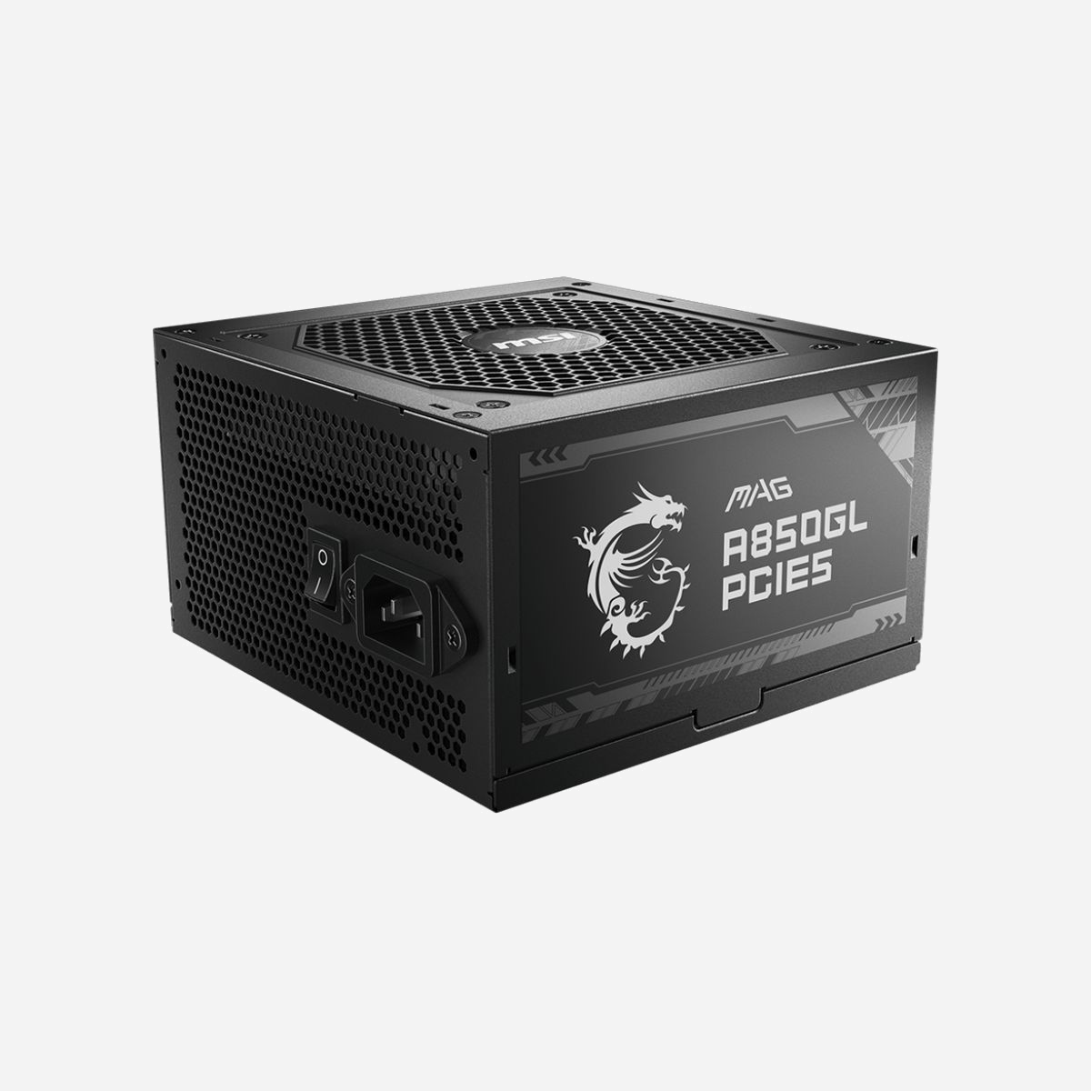 MSI MAG A850GL PCIE5 - Alimentation 850W ATX Modulaire - Certification 80 PLUS Gold - PFC Actif - Ventilateur 120mm - Connecteurs PCIe 5.0 - MSI MAG A850GL PCIE5. Puissance totale: 850 W, Tension d'entrée AC: 100 - 240 V, Fréquence d'entrée AC: 47 - 63 Hz. Connecteur de la carte mère: 20+4 pin ATX, Longueur de câble d'alimentation de carte-mère: 60 cm, Type de câblage: Entièrement modulaire. Utilité: PC, Facteur de forme de l'unité d'alimentation: ATX, Certification 80 PLUS: 80 PLUS Gold. Couleur du produit: Noir, Type de refroidissement: Actif, Diamètre du ventilateur: 12 cm. Largeur: 150 mm, Profondeur: 140 mm, Hauteur: 86 mm