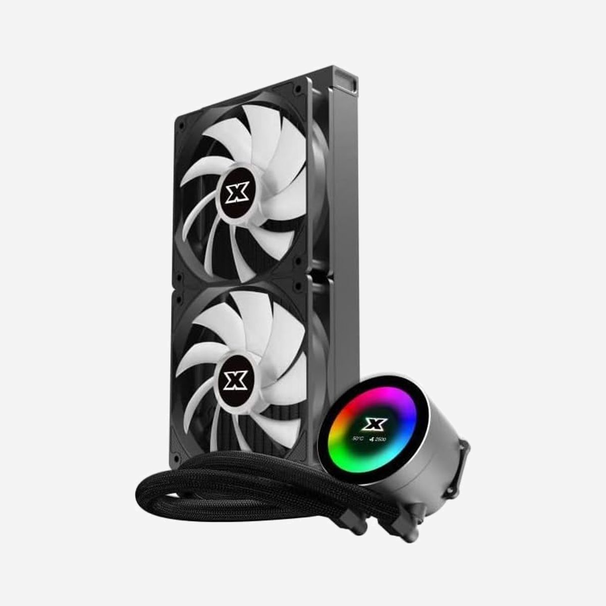 Xigmatek FROZR-O 240 : Refroidisseur liquide CPU, 2 ventilateurs 12cm, 1800-2500 tr/min, 28dB, 60 CFM, sockets Intel/AMD, éclairage LED RGB - Xigmatek FROZR-O 240. Type: Ventilateur, Diamètre du ventilateur: 12 cm, Vitesse de rotation (min): 1800 tr/min, Vitesse de rotation (max): 2500 tr/min, Niveau de son (vitesse rapide): 28 dB, Courant d'air maximum: 60 cfm, Type de roulement: Palier en céramique. Tension: 12 V. Hauteur: 71 mm. Couleur du produit: Noir