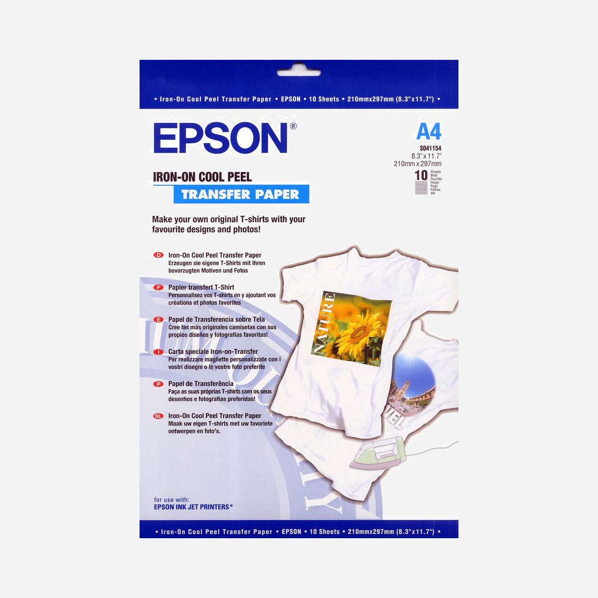 Papier Transfert Thermocollant Epson A4 - 10 Feuilles - Résolution 360 dpi - Grammage 124 g/m² - Compatible StylusColor (Liste partielle) C13S041154 - Via des images créées par ordinateur ou des photos numérisées, l´impression peut se faire directement avec une résolution maximale de 360 dpi sur du papier de transfert à appliquer au fer, puis reproduite au fer également sur T-shirts, Sweatshirts, sacs et en principe tous les supports en coton. Plus de limites à la fantaisie.