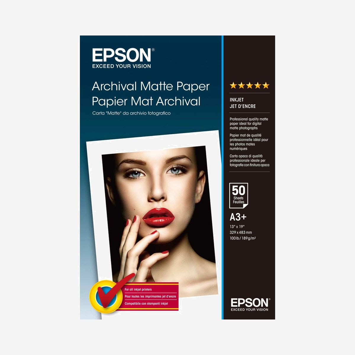 Epson Papier Mat Archival A3+ C13S041340, 50 feuilles, 192g/m², Jet d'encre, Blanc, Format 330x483 mm, Compatible SureColor/Stylus Pro - Ce support mat à base de papier est exclusivement utilisé avec de l´encre pigmentée. Avec le système aux halogénures d´argent actuel, les utilisateurs ne pouvaient pas jusqu'ici imprimer des photos en mat, à moins de la soumettre à un traitement complexe. Ce papier de 189 g/m² n´est pas la seule solution pour ce processus délicat, mais il est intéressant pour de nombreux professionnels ayant longtemps attendu un papier de cette qualité.