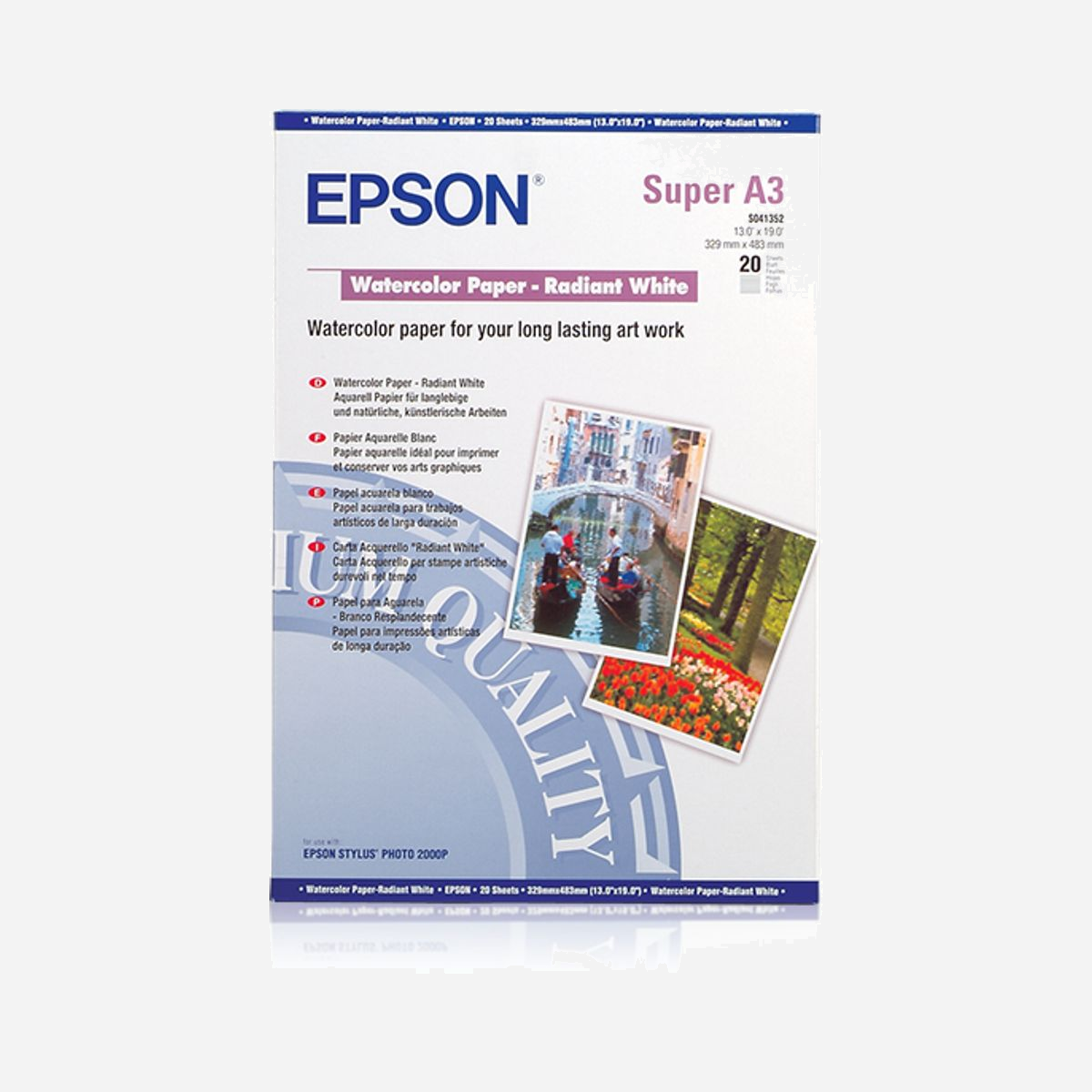 Epson Papier Aquarelle A3+ 190g (20f) Jet d'Encre - Surface Matte Texturée, Réf C13S041352 - Compatible SureColor & Stylus Pro - Ce papier épais à fort grammage et à un prix abordable a une surface matte texturée qui lui donne l'apparence et le toucher du papier d'art. Parfait pour présenter des reproductions photo et des conceptions graphiques sur des surfaces mates texturées, ce papier se distingue par son apparence des papiers photo avec couche de résine.