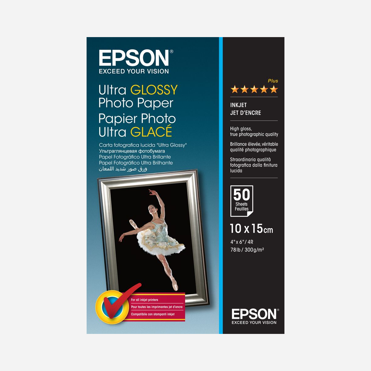 Epson Papier Photo Ultra Glossy 10x15cm 300gsm 50 Feuilles Réf: C13S041943, Finition Gloss, Compatible Imprimantes Epson Expression et EcoTank - <b>Sublimez vos photos</b><br>Éveillez tous vos sens grâce à notre Papier Photo Ultra Glacé. Ce papier très raffiné est conçu pour conférer un aspect professionnel à vos photos grâce à son impressionnant grammage de 300 gsm. En utilisant ce papier, vous pouvez élever vos photos à un niveau de qualité professionnel.<br><br><b>Un partenariat de choix</b><br>Obtenez des photos à séchage rapide, résistantes au maculage et à l’eau, qui affichent des couleurs éclatantes avec des tonalités sublimes et un niveau de détail inouï lorsque vous associez les papiers et les encres d’Epson. Ce papier a été spécialement mis au point pour être utilisé avec la gamme d’encres et d’imprimantes d’Epson, afin d’obtenir une qualité optimale. Vos souvenirs restent intacts grâce à une restitution fidèle des couleurs avec des gradations fluides, des teints de peau naturels, entre autres.<br><br><b>Des photos faites pour durer</b><br>Les photos peuvent saisir un moment fugace, mais sachez que ces papiers sont conçus et testés pour s’inscrire dans la durée lorsqu’ils sont utilisés avec les imprimantes et les encres d’Epson. <br><br><b>Une excellente qualité, quelle que soit l’imprimante</b><br>Nos papiers donnent également des résultats remarquables avec les imprimantes et les encres d’autres fabricants. Chacun peut ainsi profiter de l’expertise d’Epson.