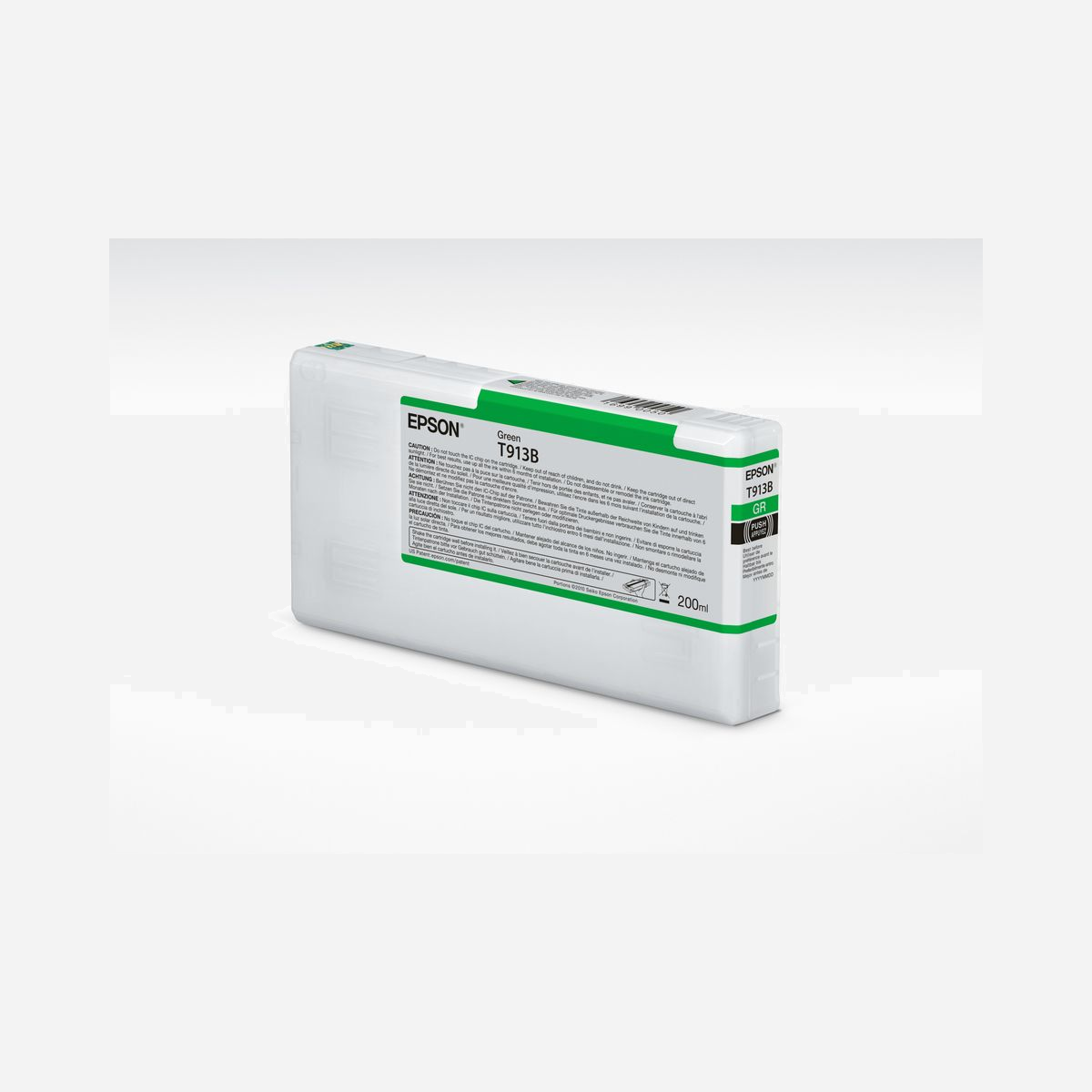 Epson C13T913B00 Cartouche d'encre Vert 200ml Pigmentée pour SureColor SC-P5000 (STD/Violet) - Type Standard - Technologie Jet d'encre - Epson T913B Green Ink Cartridge (200ml). Type d’encre de couleur: Encre à pigments, Type de cartouche d'encre: Rendement standard, Volume d'encre de couleur: 200 ml, Couleurs d'impression: Vert, Quantité: 1 pièce(s)