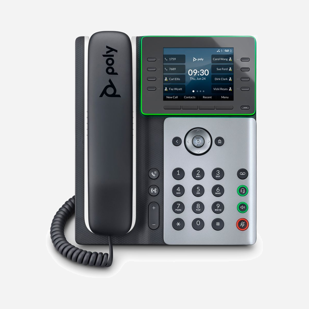 POLY Téléphone IP Edge E350 - 8 lignes, Écran IPS 3.5", Gigabit Ethernet, WiFi, Bluetooth 5.0, PoE, Codecs G.722/OPUS, Sécurité WPA2, Port USB-C - Un téléphone aux normes élevées<br>Facile à utiliser et dotée de nombreuses fonctionnalités, la gamme Poly Edge E300 associe la technologie de réduction de bruit Poly à un design de pointe. Que vous soyez dans un bureau partagé ou que vous appeliez depuis votre bureau à domicile, ces téléphones apportent une touche de style à tout bureau.