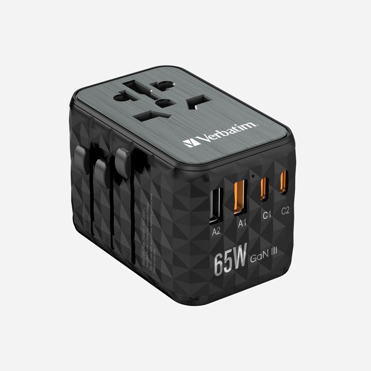 Verbatim UTA-05 Chargeur Secteur Universel 2500W Noir - 4 Ports USB, Boîtier Cuivre/PC, Dimensions 55x78x54mm, Certifié RoHS & EN 55032 - Verbatim UTA-05. Type de chargeur: Intérieure, Type de source d'alimentation: Secteur, Compatibilité de chargeur: Universel. Couleur du produit: Noir