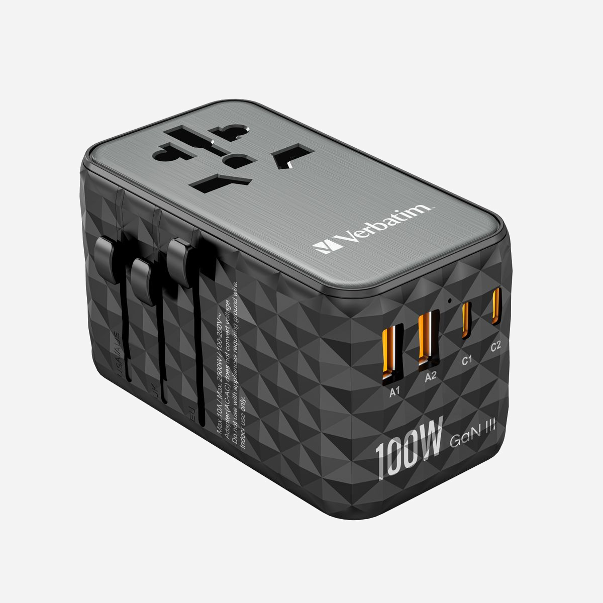 Verbatim UTA-06 Chargeur Intérieur Noir 2500W, 4 ports USB, Boîtier Cuivre/Polycarbonate (PC), Dimensions 55x92x54mm, Certifié RoHS & EN 55032 - Verbatim UTA-06. Type de chargeur: Intérieure. Couleur du produit: Noir