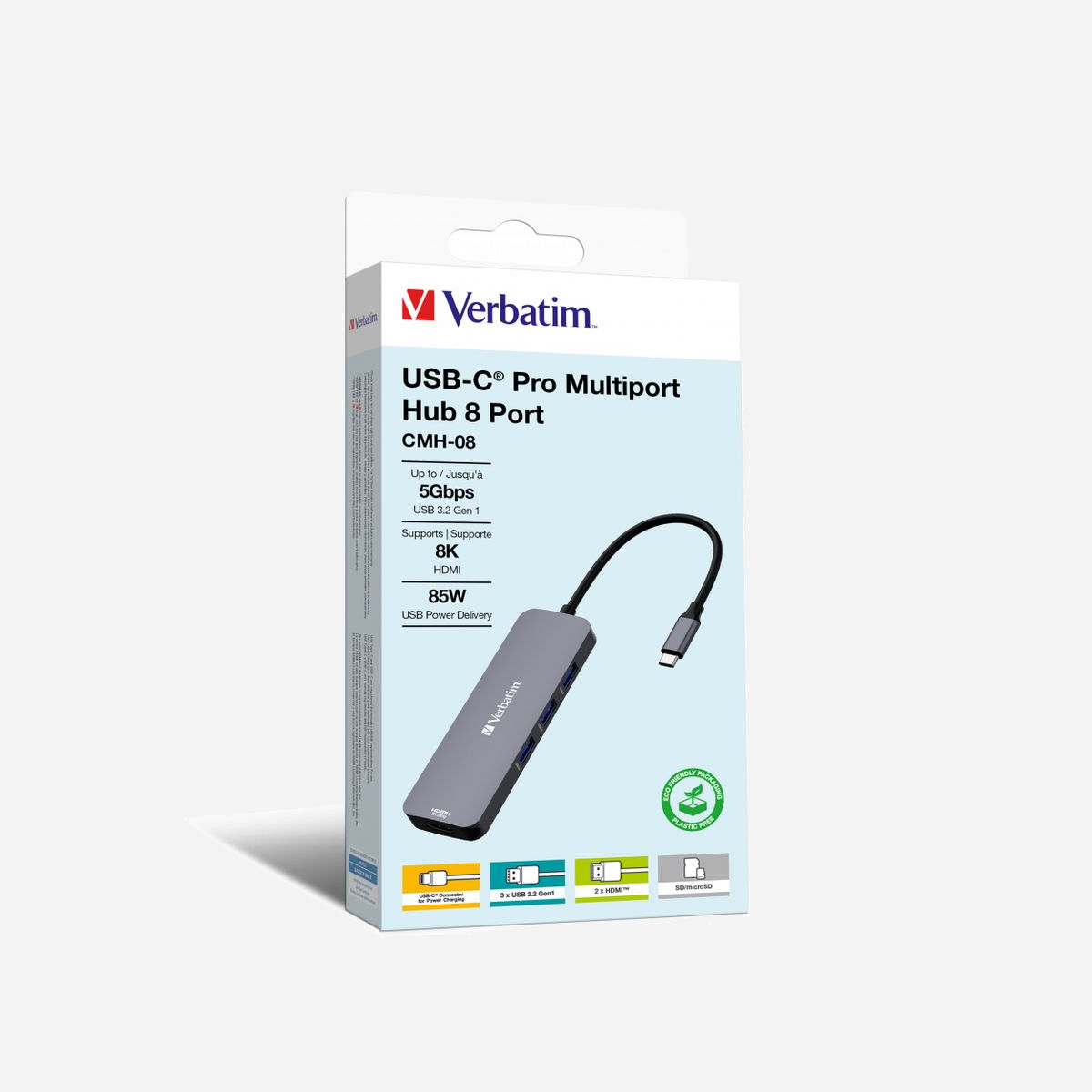 Verbatim Hub USB Type-C Pro 8 ports Argent - USB 3.2 Gen 1 5 Gbps, 2x HDMI (8K Ultra HD, 4K), USB-A, Lecteurs SD/MicroSD, USB-C PD 100W - <b>Emportez tout votre bureau avec vous</b><br>Le hub multiports USB-C® Pro 8 de Verbatim offre huit ports polyvalents à partir d’une seule connexion USB-C. La double sortie HDMI permet de connecter plusieurs moniteurs pour étendre votre espace de travail tandis que les trois ports USB-A peuvent être utilisés pour de nombreux autres accessoires de bureau indispensables. Vous avez également besoin d’un lecteur de carte mémoire ? Ce hub dispose également de lecteurs de cartes mémoire SD et microSD et d'un port USB-C PD pratique permettant de charger un périphérique tout en l’utilisant.<br><br><b>Résolution double 4K Ultra HD</b><br>Les deux ports HDMI du hub multiports Pro 8 vous permettent d'étendre votre affichage sur deux téléviseurs ou moniteurs compatibles. L’écran prend en charge les résolutions Ultra HD 4K extrêmement nettes, offrant un contenu riche en fonctionnalités pour une expérience immersive totale. Pour un affichage encore plus net, le port HDMI 1 prend en charge une résolution allant jusqu'à 8K. Même à des fréquences d'images plus élevées, le hub offre un affichage fluide et continu sans perte ni latence.<br><br><b>Connectez tous vos accessoires de bureau</b><br>Le transfert rapide de données est à portée de main grâce à la technologie USB 3.2 Gen1, qui garantit des flux de travail efficaces et des temps d'attente réduits grâce à des vitesses de 5 Gb/s. Les trois ports USB-A supplémentaires permettent un transfert de données rapide entre les périphériques USB et les disques durs, ainsi que la connexion d'autres accessoires de bureau tels que les souris et les claviers. Emportez tout votre bureau avec vous dans un hub pratique.<br><br><b>Vous êtes un photographe en herbe et avez besoin d'un lecteur de cartes mémoire ?</b><br><br>Le hub multiports Pro 8 de Verbatim est également équipé de lecteurs de cartes mémoire SD et microSD. Avec des vitesses de lecture allant jusqu'à 104 Mo/s et des vitesses d'écriture allant jusqu'à 80 Mo/s, le transfert d'images et de données est rapide et très pratique.<br><br><b>Alimentation</b><br><br>Le port USB-C® PD (Power delivery) permet de recharger un périphérique pendant son utilisation. Certains ordinateurs portables ne sont équipés que d'un seul port USB-C®, donc une fois que vous avez ajouté un hub, il n'y a plus de port disponible pour brancher l'alimentation. Le port USB-C® du hub multiports Pro 8 permet de charger un périphérique pendant son utilisation, à partir de la source d'alimentation, ce qui permet de recharger l'ordinateur portable jusqu'à 85 W (15 W réservés aux autres ports) tout en utilisant tous les autres ports du hub.