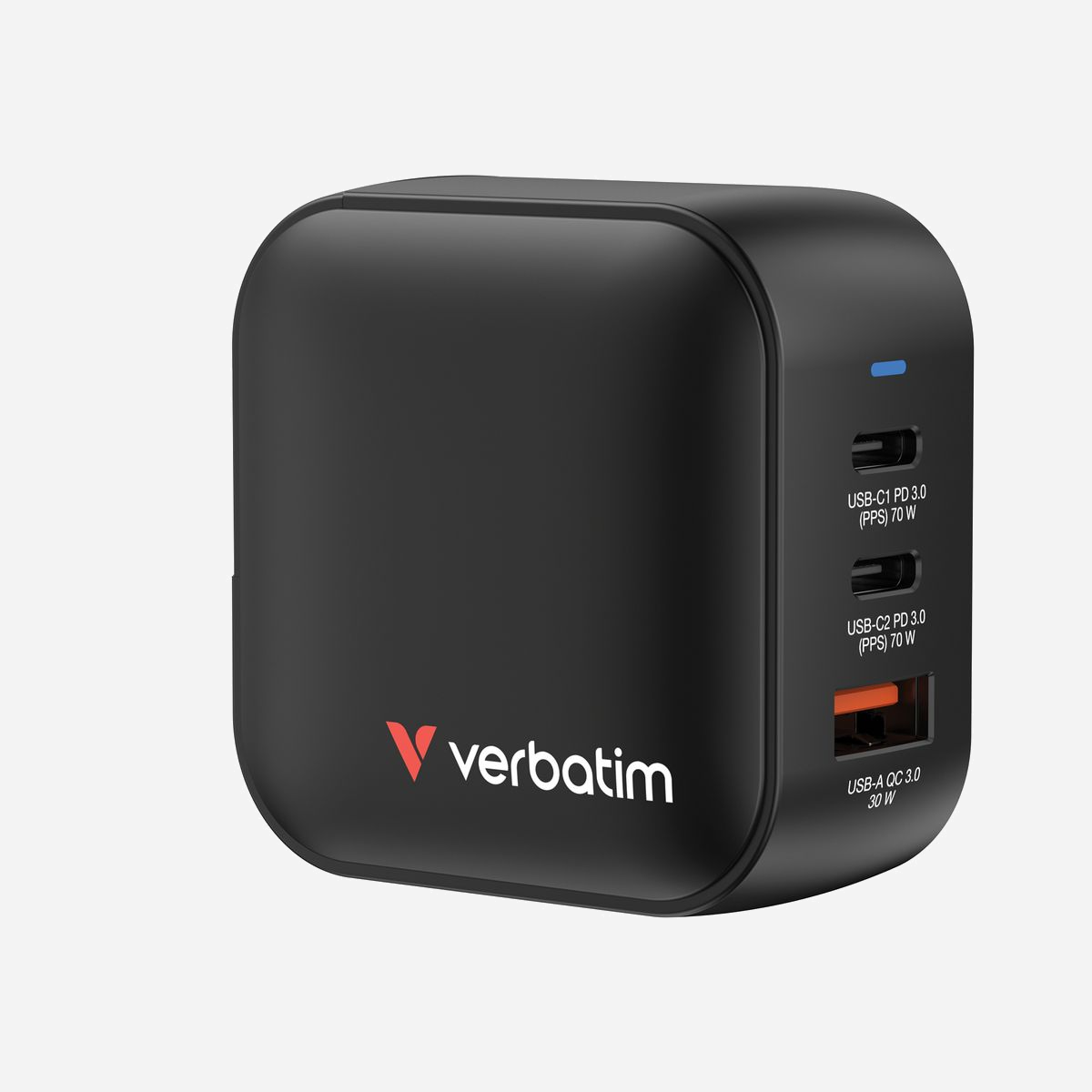 Verbatim Chargeur Secteur Mini GaN 70W Universel Noir : 2x USB-C (70W Power Delivery 3.0), 1x USB-A (Quick Charge 3.0), 100-240V, Protections Multiples - Verbatim Mini GaN Charger 70W. Type de chargeur: Intérieure, Type de source d'alimentation: Secteur, Compatibilité de chargeur: Universel. Tension d'entrée: 100 - 240 V, Tension de sortie (max): 20 V. Quantité de ports USB de type C: 2, Charge rapide, Dispositifs de protection électrique: Sur-courant, Surtension, Surchauffe, Court-circuit. Couleur du produit: Noir