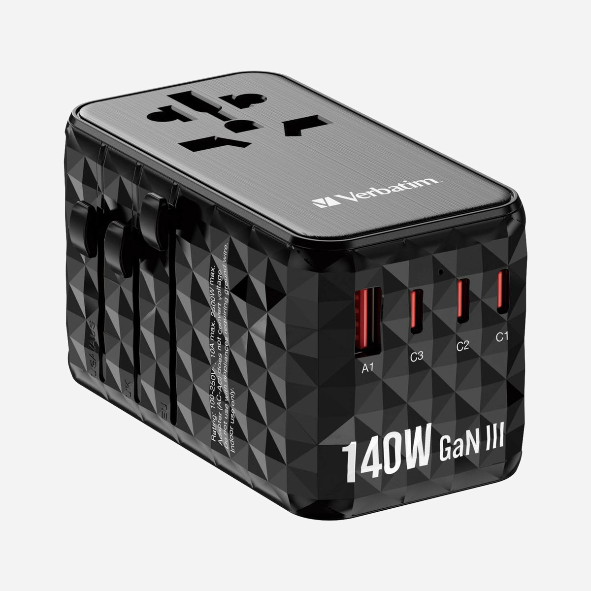 Verbatim Chargeur Secteur Universel 32125, 1x USB 2.0, 3x USB-C, Quick Charge 4, Power Delivery 3.1 140W, GaN, 100-250V, Noir - Verbatim 32125. Type de chargeur: Intérieure, Type de source d'alimentation: Secteur, Compatibilité de chargeur: Universel. Tension d'entrée: 100 - 250 V. Quantité de Ports USB 2.0: 1, Quantité de ports USB de type C: 3, Charge rapide. Couleur du produit: Noir