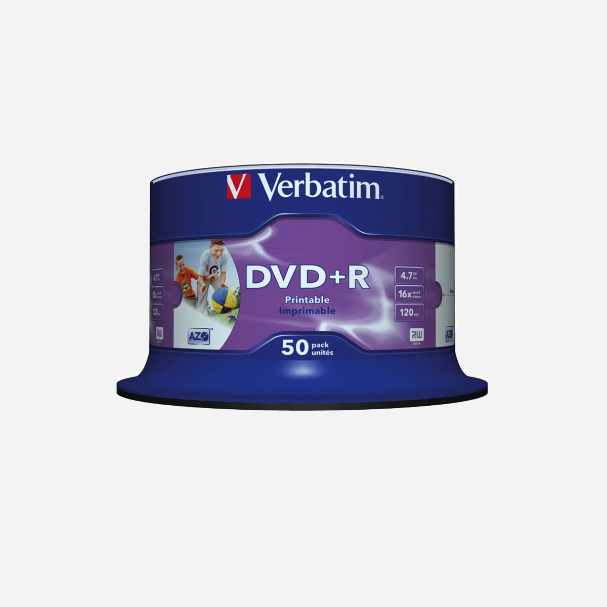 Verbatim DVD+R 4.7 Go 16x Imprimable Inkjet Wide, Fuseau de 50, Diamètre 120mm - Réf. 43512 - Les DVDR/RW de Verbatim utilisent la technologie MKM/Verbatim, qui assure à tout enregistrement une qualité supérieure. Grâce à son étroite collaboration avec les fabricants de lecteurs, le département de Recherche et développement de Mitsubishi Chemical assure la compatibilité étendue des disques Verbatim, ce qui en fait le support idéal pour partager des données informatiques, ainsi que des vidéos amateurs, des photos et de la musique. Numéro 1* en Europe pour les supports enregistrables
