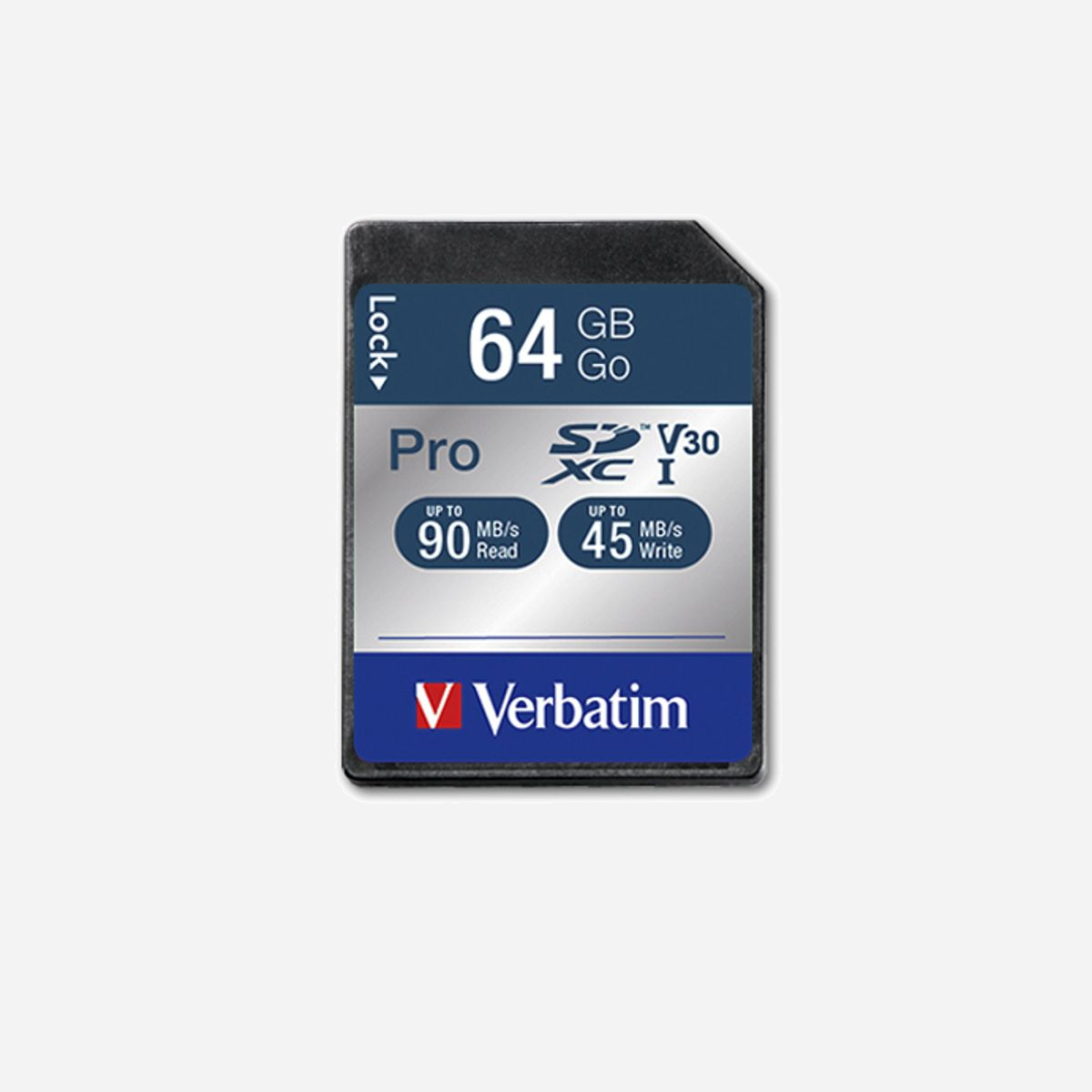 Verbatim Pro 64GB SDXC UHS-I Classe 10, Vitesse Lecture 90MB/s, Écriture 45MB/s, Dimensions 24x32x2.1mm, Noir, Ref 47022 - Les cartes mémoire Verbatim Pro offrent des performances de niveau professionnel pour les appareils photo avancés et les caméscopes HD.<br>La spécification UHS de classe 3 (U3) signifie que vous pouvez faire une capture vidéo de 4K ultra HD et Full HD, puis la transférer rapidement à votre ordinateur pour la visualiser et l’éditer.<br>Convient à la capture vidéo en 4K ultra HD et compatible avec tout appareil doté d'un port pour une carte mémoire SDHC/SDXC*.<br><br>Vitesse de lecture : jusqu’à 90 Mo/s**<br>Vitesse d'écriture : jusqu’à 45 Mo/s**<br><br>* Dispositif hôte compatible avec SDXC requis<br>** Dispositif compatible avec UHS-1 est nécessaire, la performance réelle peut varier en fonction du périphérique hôte, de l'interface et des conditions d'utilisation