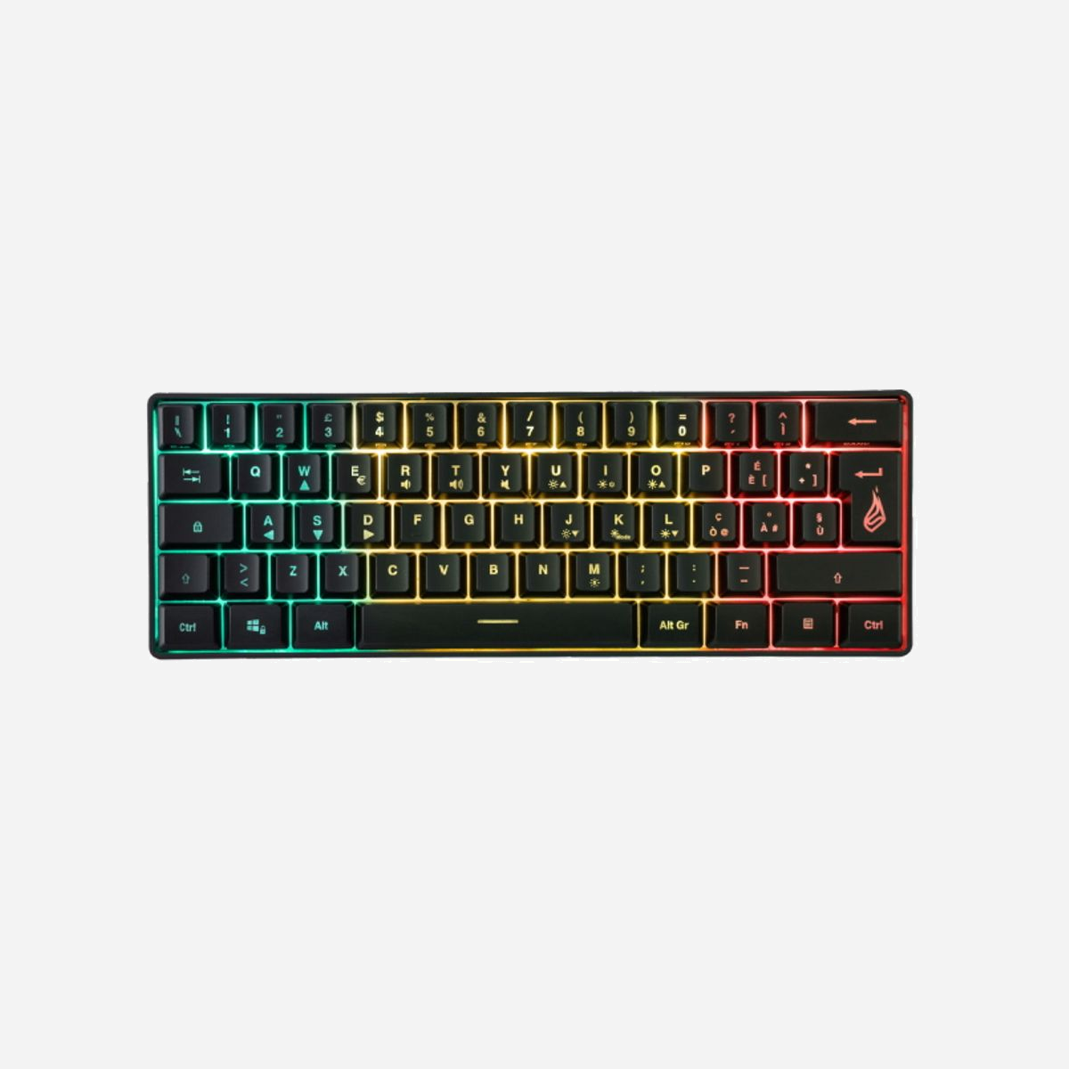 SureFire KingPin X1 Clavier Gaming USB AZERTY Français 60% Noir - Membrane, RGB, Anti-ghosting, 62 touches, Câble 1.8m, Compatible Windows/macOS/ChromeOS - Le clavier taille tournoi. Le clavier KingPin X1 60% de SureFire est doté de toutes les fonctions nécessaires et d’un éclairage RVB. De plus, il est parfaitement mobile. Le roi du clavier compact !