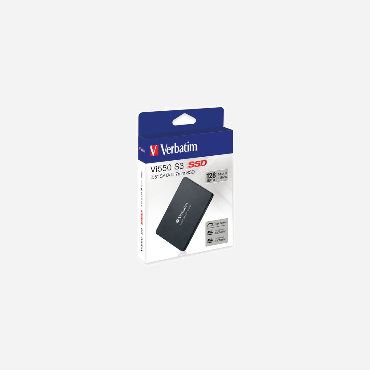 Verbatim Vi550 S3 SSD 128GB 2.5" SATA III 6Gb/s 3D NAND Lecture 520Mo/s Écriture 430Mo/s Contrôleur Phison PS3111 MTBF 2M heures - Les disques à circuits intégrés Verbatim 2,5 pouces SATA III 7 mm peuvent revigorer les performances de votre système. Dotés de la toute nouvelle technologue 3D NAND, ils constituent le moyen parfait pour la mise à niveau à partir d’un disque dur ou d’un disque SSD moins récent. Le disque Vi550 est doté d'un contrôleur supérieur offrant une meilleure fiabilité, des capacités plus élevées et des débits en lecture/écriture plus rapides.<br><br>Prolongez la durée de vie de votre PC ou ordinateur portable<br>Donnez un nouveau souffle à votre système moins récent en remplaçant l’unité de disque dur dépassée ou votre SSD 2D NAND existant par un SSD Vi550 S3. Le disque Vi550 permet une vitesse jusqu’à 560 Mo/s en lecture, jusqu’à 20 fois plus rapide que dans le cas d’un disque dur standard. Grâce à un MTBF (temps moyen entre pannes) de 2 millions d'heures et un TBW (téraoctets écrits) allant jusqu'à 480 To (capacité de 1 To), le Vi550 est un disque SSD de qualité supérieure sur lequel vous pouvez compter. Nous recommandons l’installation par un professionnel.