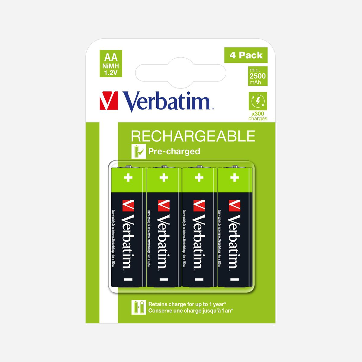 Verbatim 49517 : Lot de 4 Piles AA Rechargeables NiMH 1.2V 2500mAh - Blister de 4 Batteries Noires et Vertes - Verbatim 49517. Type de batterie: Batterie rechargeable, Taille(s) de la batterie: AA, Technologie batterie: Hybrides nickel-métal (NiMH). Type d'emballage: Blister