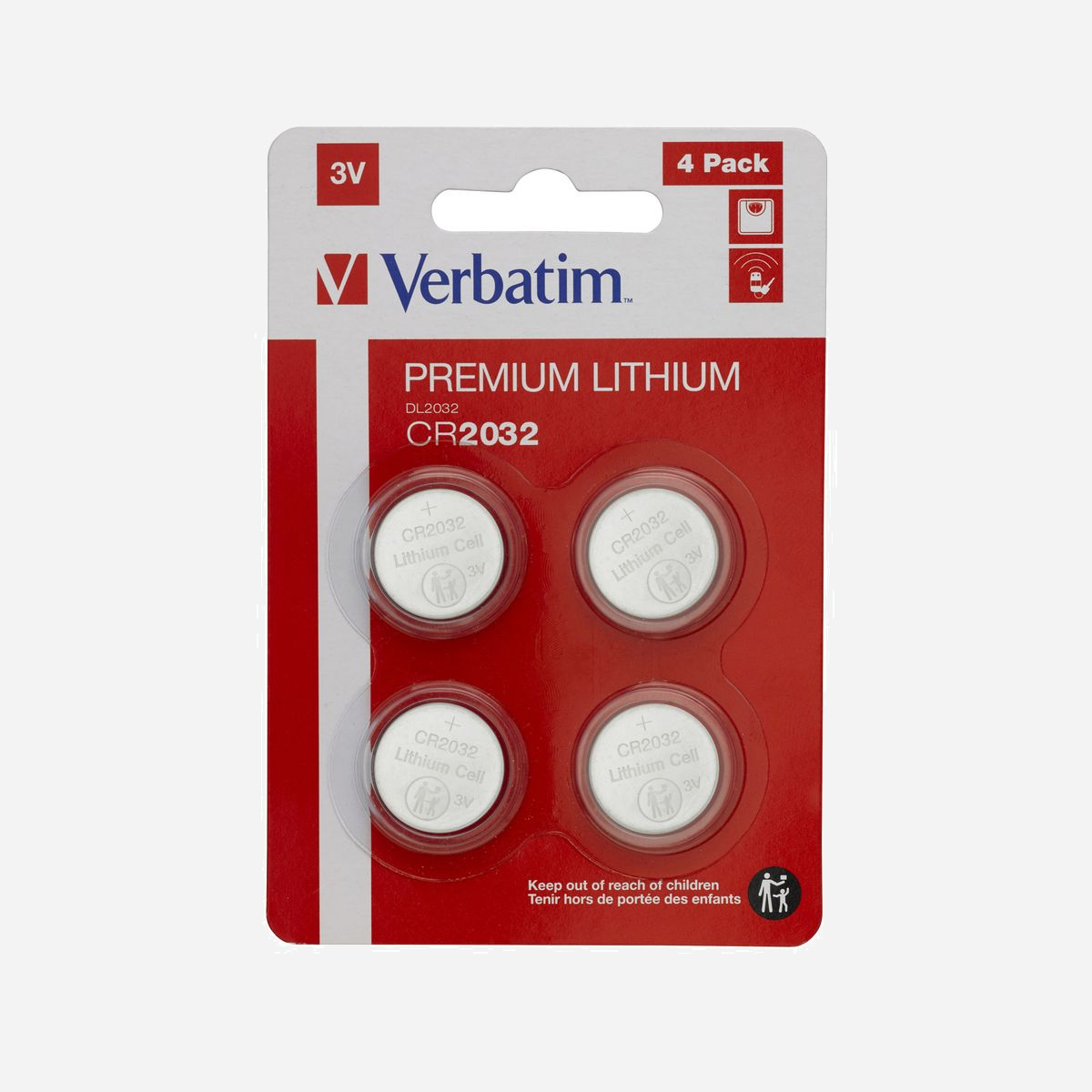 Verbatim Batterie Lithium CR2032 3V - Pack de 4 Piles à Usage Unique, Diamètre 20mm, Hauteur 3.2mm, Poids 2.8g, Conditionnement Blister - Verbatim CR2032. Type de batterie: Batterie à usage unique, Taille(s) de la batterie: CR2032, Technologie batterie: Lithium. Hauteur: 3,2 mm, Diamètre: 2 cm, Poids: 2,8 g. Type d'emballage: Blister