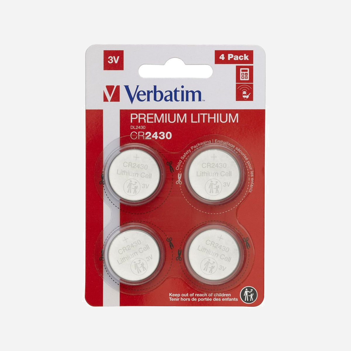 Batterie Lithium Verbatim CR2430 Usage Unique 3V, Pack de 4, Diamètre 24.1mm, Hauteur 3mm, Poids 4.2g par Pile, Conditionnement Blister - Verbatim CR2430. Type de batterie: Batterie à usage unique, Taille(s) de la batterie: CR2430, Technologie batterie: Lithium. Hauteur: 3 mm, Diamètre: 2,41 cm, Poids: 4,2 g. Type d'emballage: Blister