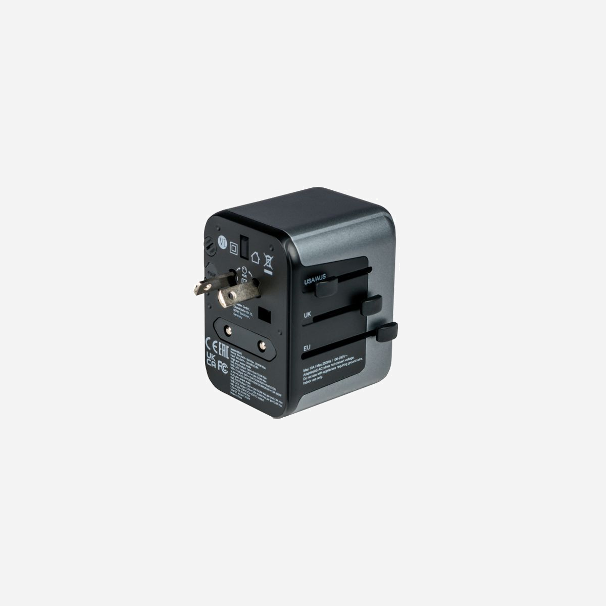 Verbatim 49545 Adaptateur Universel Secteur : Prise Universelle, 5 USB, 100-250V, 2500W max, Type A/B/C/E/F/G/I/J/L/N, 70x50x54mm - Verbatim 49545. Type de connecteur de fiche: Universel, Type de connecteur à douille: Universel, Types de connecteur à douille universelle: Type A, Type B, Type C (Europlug), Type E (FR), Type F, Type G (Royaume-Uni), Type I (AU), Type J.... Largeur: 70 mm, Profondeur: 50 mm, Hauteur: 54 mm