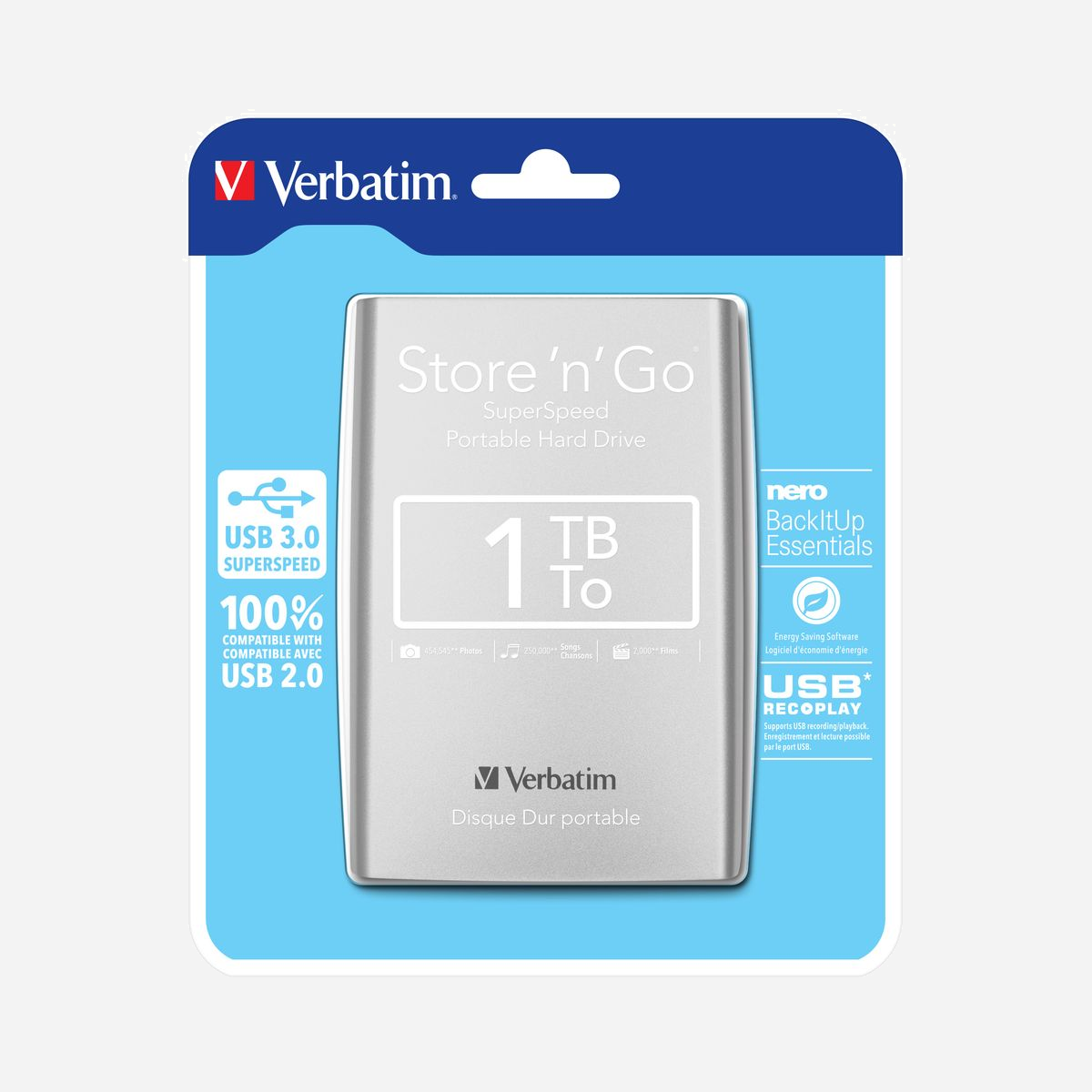 Verbatim Store 'n' Go 1To USB 3.2 Gen 1 (3.1 Gen 1) Argent 2.5" HDD Portable, 5000 Mbit/s, Compatible Windows/macOS/Linux, 121x80x15mm - Le disque dur portable Verbatim Store n Go est une solution de stockage hautes performances qui utilise une interface USB 3.0 haute vitesse. La norme USB 3.0 permet d'atteindre des débits multipliés par 10 par rapport à l'USB 2.0 (sur la base de mesure de la vitesse de bus USB), vous offrant un taux de transfert de données ultra-rapide.<br><br>Ce disque, réellement portable, vous permet d'enregistrer et d'emporter tous vos fichiers numériques et les documents dont vous avez besoin au quotidien. Avec son design élégant, tout en finesse, il se marie parfaitement aux bureaux modernes et complète votre ordinateur portable.<br><br>Bien que le disque dur portable Store n Go soit alimenté par un bus USB 3.0 (1 interface USB 3.0), il est compatible avec les ports USB 2.0 de votre PC ou ordinateur portable. Il ne nécessite aucune alimentation externe ; il suffit de le brancher sur votre ordinateur.<br><br>Les disques durs avec une capacitè jusqu'à 2To sont formatés en FAT32 afin de fonctionner immédiatement sur Windows et Mac OSx. Les disques udrs de plus de 2To sont formatés en NTFS. Ils sont donc compatibles avec Windows mais doivent être reformatés en HFS+ afin d’être compatibles avec Mac OSx. Le formateur Verbatim VHD (présent sur le disque) permet le formatage en HFS+.<br><br>Le logiciel Nero BackItUp Essentials, fourni avec le disque dur, est la garantie d'une sécurité renforcée car il vous permet d’effectuer une sauvegarde du disque dur de votre ordinateur portable ou votre PC. BackItUp vous permet de sauvegarder tous vos fichiers, dossiers et disques quand vous le souhaitez, ou de programmer des sauvegardes automatiques à un moment précis. <br><br>Le logiciel Nero BackItUp Essentials est compatible avec Windows XP, Vista, 7 et 10 (mais pas avec Mac OS). <br><br>Les disques durs portables Store 'n' Go de Verbatim comprennent également un logiciel d'économies d'énergie Green Button. Le logiciel Green Button interrompt la rotation du disque dur lorsqu'il n'est pas utilisé, ce qui améliore son efficacité et économise l'énergie.<br><br>Il existe trois paramètres de veille Définissez le déclenchement du mode d'interruption après 10 minutes ou par incréments de 10 minutes, jusqu'à 120 minutes. Interrompez immédiatement le disque en double-cliquant sur l'icône Green Button du bureau. Vous pouvez également choisir l'option "Ne jamais interrompre le disque"<br><br>Cette gamme de disques durs est disponible en 12 couleurs :<br>Jaune citron, vert eucalyptus, rose fuchsia, bleu Caraïbes, orange volcanique, violet, noir, gris anthracite, argent, rose cerise, vert amande et bleu denim.