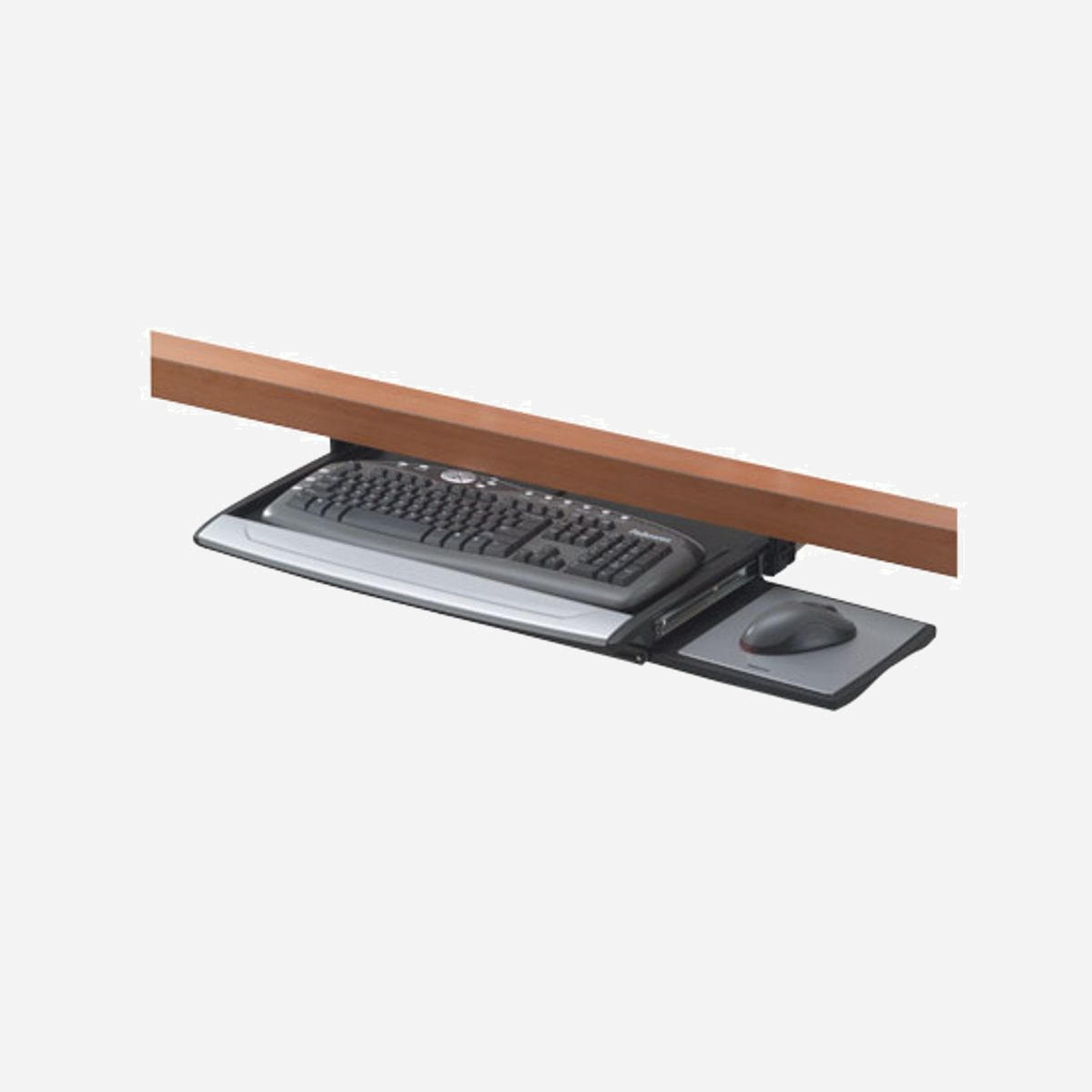 Fellowes 8031201 : Support clavier ergonomique coulissant réglable 44-64mm, avec tapis de souris intégré, plastique noir, 576x354x48mm, 2.28kg - - Tapis de souris coulissant sous le support pour une installation à gauche ou à droite du clavier<br>- Butées intégrées pour mieux soutenir le clavier<br>- Réglable sur 3 hauteurs<br>- S'ajuste de 4.4 cm à 6.4 cm sous le bureau<br>- Le support coulisse sous le bureau quand le clavier n'est pas utilisé