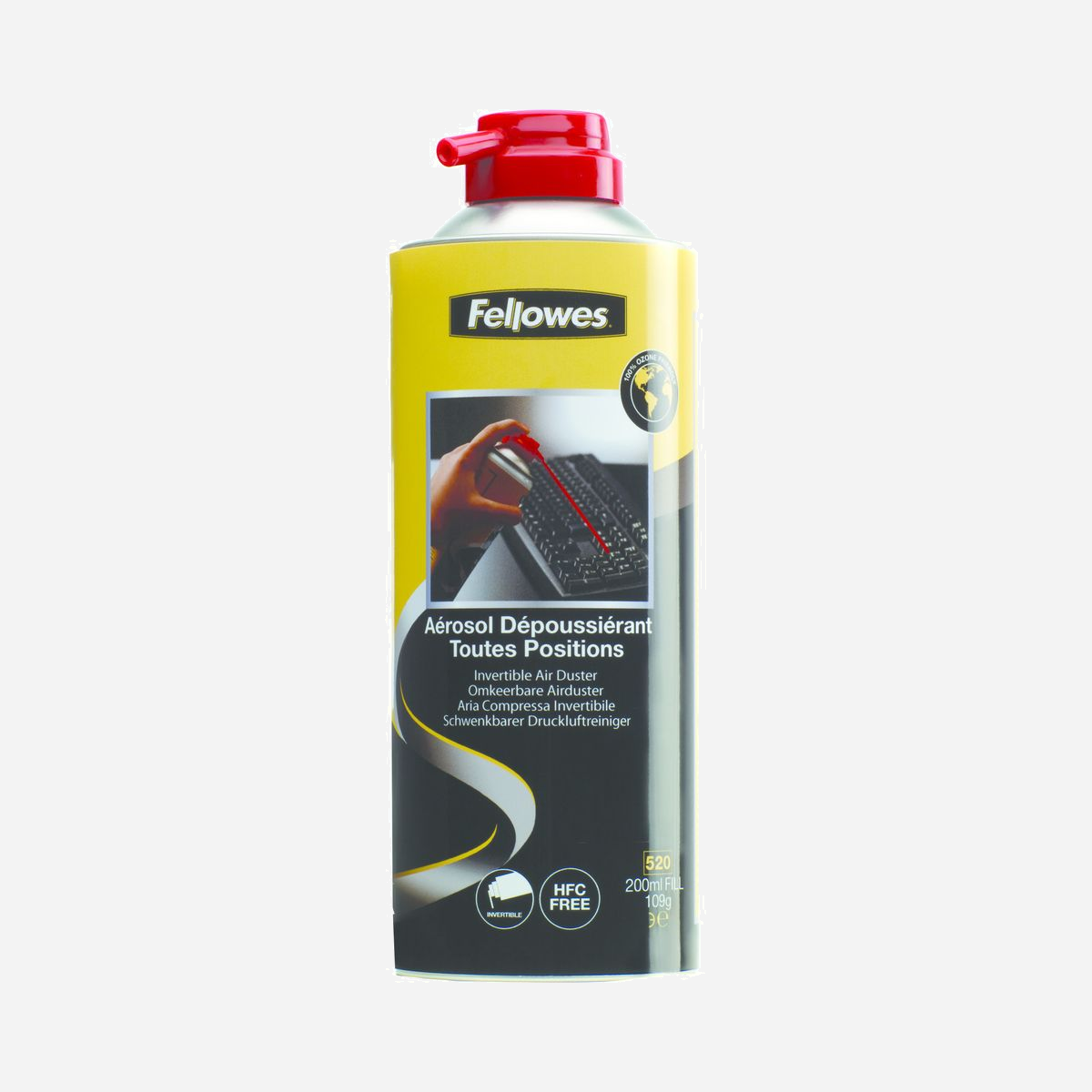 Fellowes Aérosol Dépoussiérant 200ml pour Électronique (Clavier, Imprimante, Universel) 64x64x188mm - Sans HFC - Référence 9974805 - Fellowes Aérosol dépoussiérant écologique toutes positions. Type de produit: Nettoyeur à air comprimé pour équipement électronique, Usage adapté: Clavier, Imprimante, Universel, Volume: 200 ml. Largeur: 64 mm, Profondeur: 64 mm, Hauteur: 188 mm. Produit par casier principal (externe): 6 pièce(s)