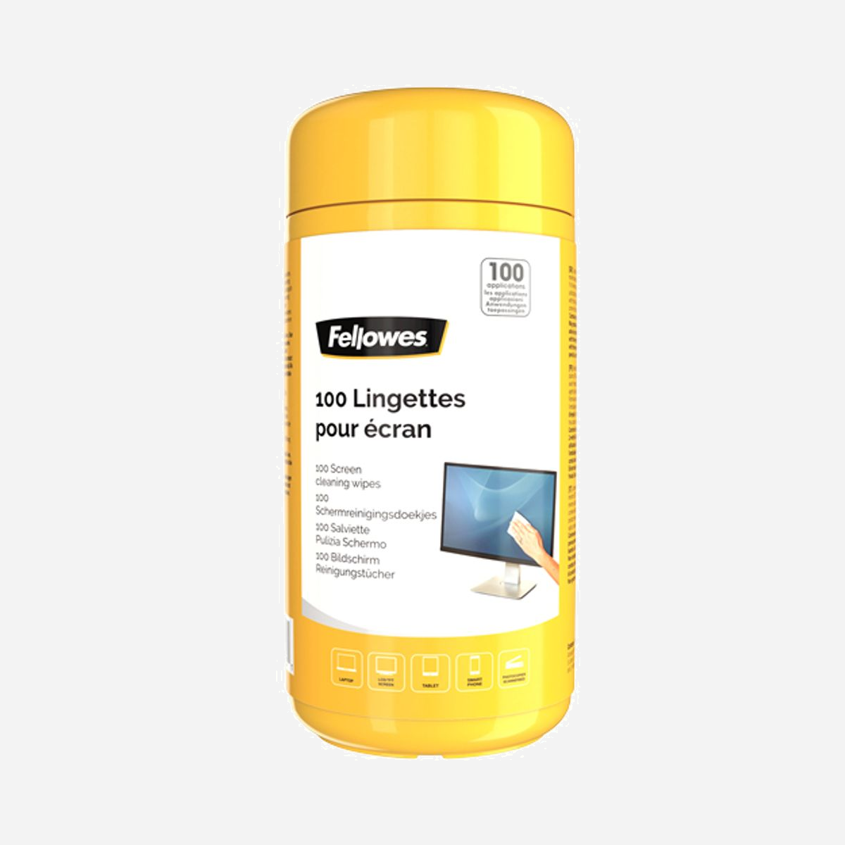 Fellowes 9970311 : Lingettes de Nettoyage Écrans LCD/TFT/Plasma (100 pièces) - Dimensions 82x82x170mm, Poids 280g, Conditionnement Tube - 100 lingettes pour écran dans un étui refermable