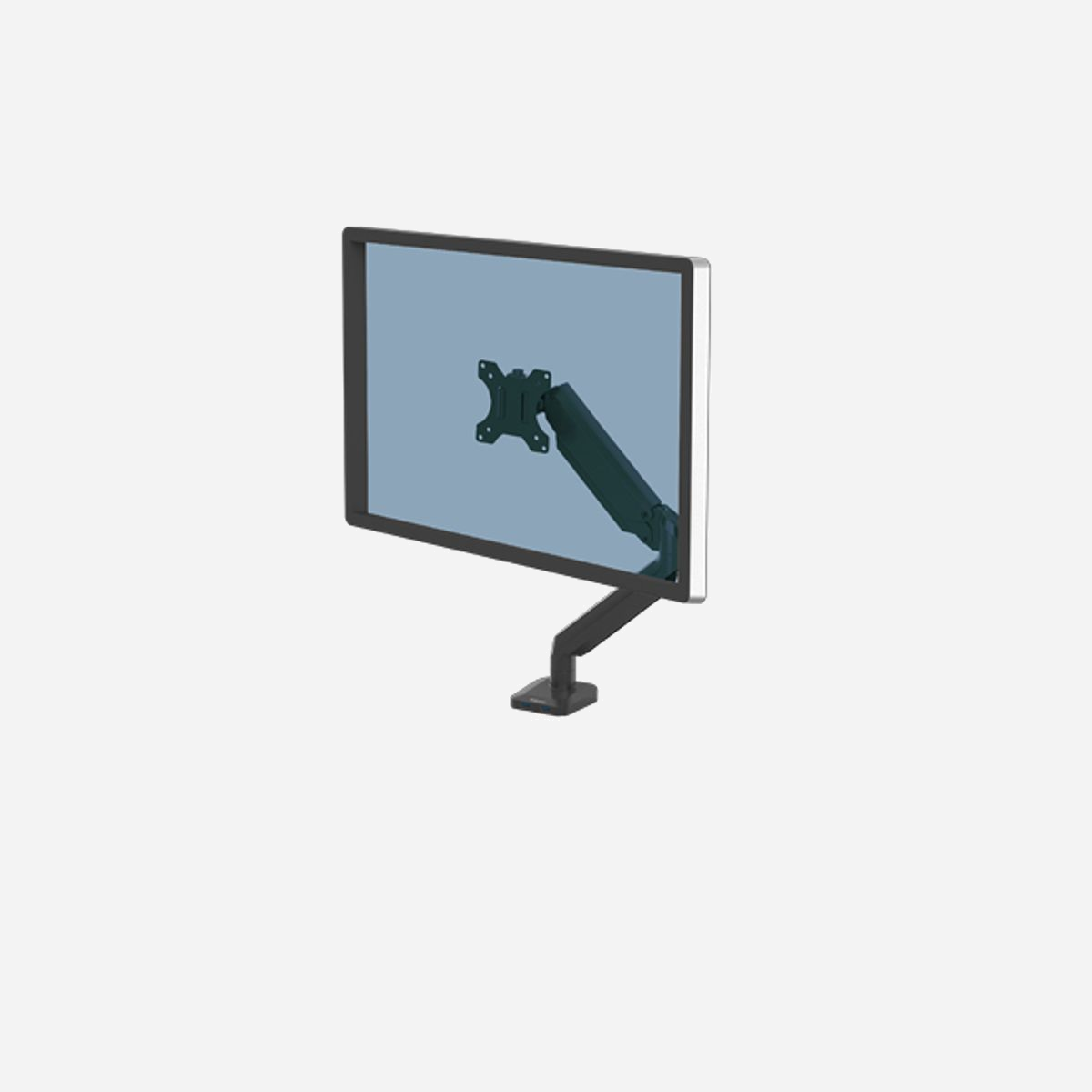 Fellowes 8043301 Bras Support Écran Unique Noir, Max 40", 8kg, Montage Bureau Collier/Passe-fil, VESA 75x75/100x100mm, USB 3.2, Acier - Travailler confortablement avec un bras porte-écran Fellowes. Libérez de l'espace sur le bureau et réduisez les douleurs cervicales et aux épaules. Notre gamme comprend des avantages tels que l'ajustements ans efforts ou des ports USB intégrés. Vous pourrez ainsi donner le meilleur de vous-même, quelle que soit votre mode de travail.