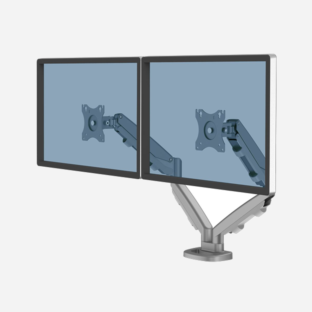 Support double écran Fellowes 9683301 pour bureau, 2x 8kg max, jusqu'à 40", VESA 75x75/100x100, bras 53.8cm, montage collier/passe-fil, acier argenté - Travailler confortablement avec un bras porte-écran Fellowes. Libérez de l'espace sur le bureau et réduisez les douleurs cervicales et aux épaules. Vous pourrez ainsi donner le meilleur de vous-même, quelle que soit votre mode de travail.
