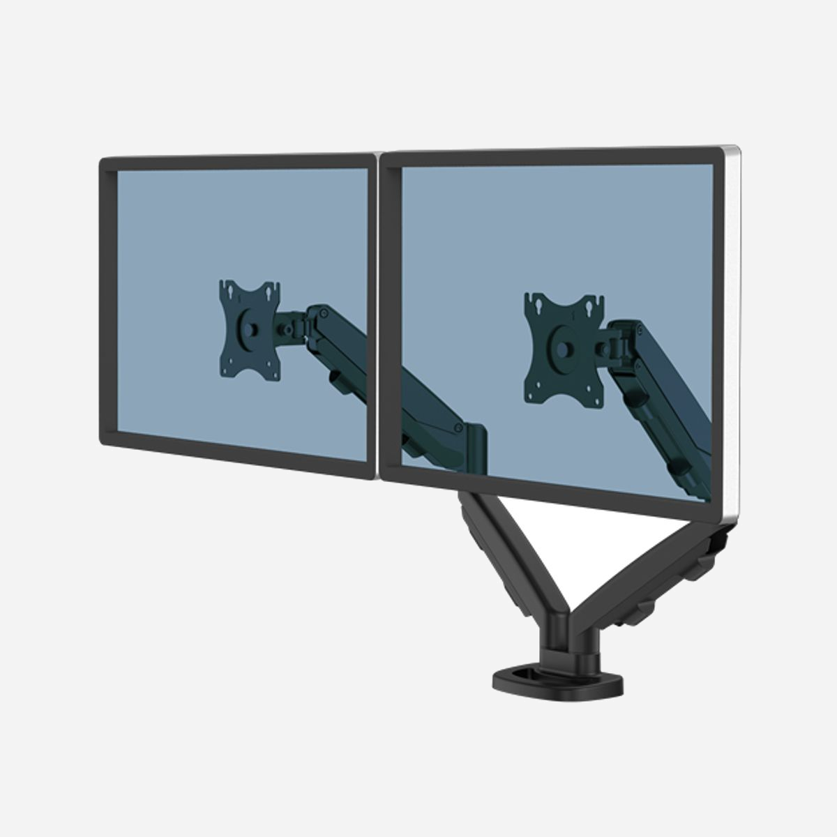 Fellowes Bras Double pour Écrans jusqu'à 39" (99.1cm), 8kg par Écran, Montage Bureau Collier/Passe-fil, VESA 75x75/100x100, Noir, Acier - Travailler confortablement avec un bras porte-écran Fellowes. Libérez de l'espace sur le bureau et réduisez les douleurs cervicales et aux épaules. Notre gamme comprend des avantages tels que l'ajustements ans efforts ou des ports USB intégrés. Vous pourrez ainsi donner le meilleur de vous-même, quelle que soit votre mode de travail.