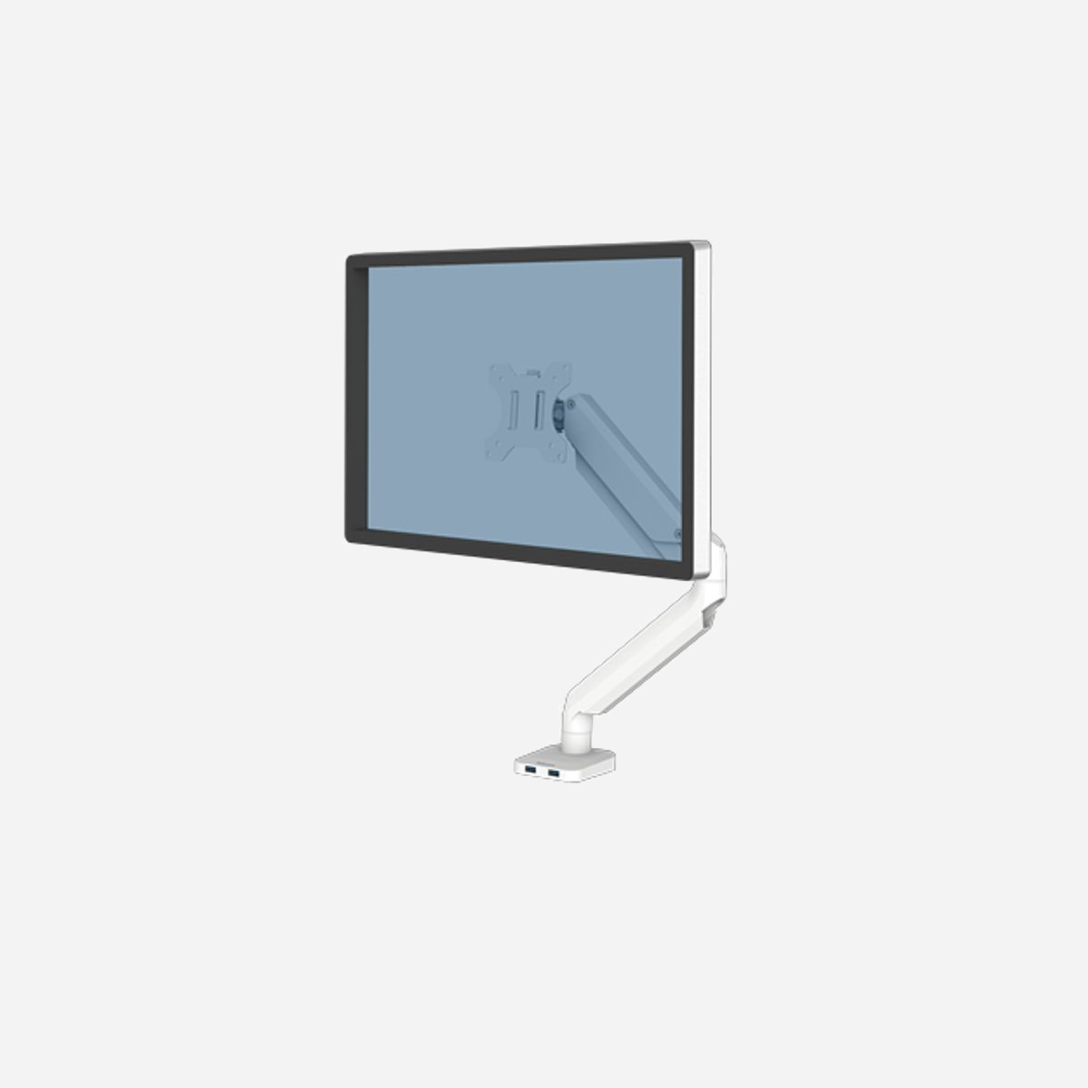 Fellowes Platinum Series Bras Support Écran Simple Blanc (Ref. 8056201) - VESA 75/100, Max 40", 8kg, Acier, USB 3.2, Pivot 360°, Inclinaison ±45°, Garantie 5 ans - Travailler confortablement avec un bras porte-écran Fellowes. Libérez de l'espace sur le bureau et réduisez les douleurs cervicales et aux épaules. Notre gamme comprend des avantages tels que l'ajustements ans efforts ou des ports USB intégrés. Vous pourrez ainsi donner le meilleur de vous-même, quelle que soit votre mode de travail.