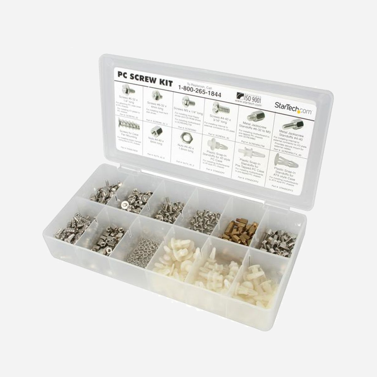 StarTech.com PCSCREWKIT : Kit d'Assortiment de Vis, Écrous et Entretoises pour PC - 350 Pièces, Coffret Compartimenté 209x107x32mm, 490g - Cet assortiment de vis, d'écrous et d'entretoises permet d'installer le matériel informatique de façon sécuritaire<br/><br/>L'ensemble de vis d'ordinateur StarTech.com est un assortiment pratique de fixations d'ordinateur communes pour l'assemblage; la réparation et l'entretien des systèmes d'ordinateur. L'ensemble de vis d'ordinateur comporte 12 fixations différentes contenues dans un coffret en plastique divisé en compartiments.<br/>L'ensemble de vis d'ordinateur offre 50 vis de chacune des 7 catégories, soit au total 350 vis, ainsi qu'un assortiment d'entretoises.<br/><br/>The StarTech.com Advantage<br/>