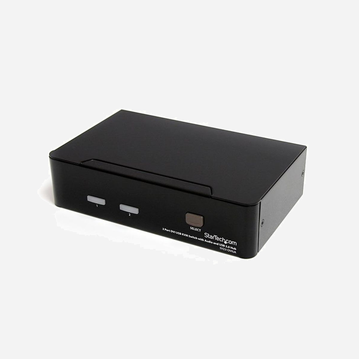 StarTech.com Commutateur KVM 2 Ports DVI USB Audio, Résolution 1920x1200, Hub USB 2.0, Ports Console USB A & Audio 3.5mm, Noir, SV231DVIUA - Partagez un écran DVI, des haut-parleurs, une souris et un clavier entre deux ordinateurs multimédia<br/><br/>Le commutateur KVM DVI USB 2 ports SV231DVIUA vous permet de contrôler deux ordinateurs compatibles USB et DVI à partir d'un ensemble unique avec écran et périphériques (clavier, souris et haut-parleurs), et deux périphériques USB supplémentaires branchés aux ports USB intégrés au hub.<br/>Equipé d'une commutation par raccourcis clavier et boutons-poussoirs en façade et prenant en charge la haute résolution (jusqu'à 1920 x 1200), le commutateur KVM DVI est idéal pour contrôler les systèmes de performance élevée. Parfait pour les applications multimédias, ce commutateur KVM prend en charge les fonctions de commutation audio et microphone de manière indépendante ou simultanée lors de la commutation entre des ordinateurs pour le contrôle KVM.<br/>Le KVM USB DVI comprend également un hub USB 2.0 intégré, qui vous permet de partager des points de périphériques USB comme s'ils étaient directement branchés aux ordinateurs esclaves.<br/><br/>The StarTech.com Advantage<br/>