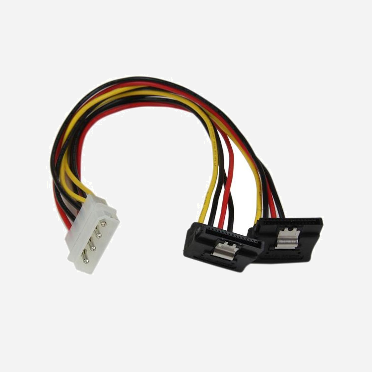 StarTech.com Câble Répartiteur Alimentation LP4 vers 2x SATA 15 Pin (Femelle) Angle Droit, Verrouillage - 30cm, Molex (Mâle), RoHS, CE, REACH - Alimentez deux disques SATA à partir d’un seul connecteur d’alimentation LP4<br/><br/>Le câble répartiteur d’alimentation LP4 vers deux SATA à angle droit et verrouillage PYO2LP4LSATR est doté de deux connecteurs d'alimentation Serial ATA femelles et d’un connecteur LP4 mâle. Il offre une solution fiable vous permettant d'alimenter deux disques SATA à l'aide d'une seule connexion LP4 à l'alimentation électrique de l'ordinateur.<br/><br/>Cet adaptateur de câble en Y durable LP4 vers SATA de 30 cm vous offre assez de longueur pour positionner les disques là où vous le souhaitez dans le boîtier de l’ordinateur permettant d’éviter les coûts et les efforts liés à la mise à niveau de l'alimentation à des fins de compatibilité avec les disques Serial ATA.<br/><br/>Offrant une conception recherchée et des matériaux haute qualité<br/><br/>The StarTech.com Advantage<br/>