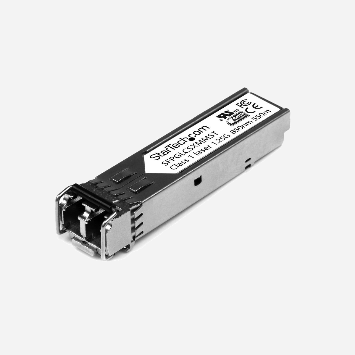 StarTech.com SFPGLCSXMMST Transceiver SFP 1000BASE-SX, Multimode, LC, 850nm, 1.25Gbps, 550m, Compatible Cisco GLC-SX-MM - 1 000 Mbps (1 Gbps) | Fibre multimode | LC | 550 m | Garantie à vie<br/><br/>Le modèle SFPGLCSXMMST est un module de transceiver à fibre optique compatible avec Cisco GLC-SX-MM, qui a été conçu, programmé et testé pour fonctionner avec les commutateurs et routeurs de la marque Cisco®. Il fournit une connectivité 1 GbE (1 000 Mbit/s) fiable sur câble à fibre optique pour les réseaux conformes aux spécifications 1000BASE-SX, avec une distance maximale de 550 m.<br/><br/>Spécifications techniques :<br/><br/>• Longueur d'onde : 850 nm<br/>• Vitesse de transfert maximale : 1,25 Gbit/s<br/>• Type : fibre optique multimode<br/>• Type de connexion : connecteur LC<br/>• Distance maximale de transfert : 550 m<br/>• MTBF : 3 092 408 heures<br/>• Consommation électrique : moins de 1 watt<br/>• Contrôle de diagnostics numériques (DDM) : non<br/><br/>Ce module SFP à fibre optique est échangeable à chaud, ce qui facilite les mises à niveau et les remplacements en minimisant les interruptions sur le réseau.<br/><br/>SFP StarTech.com<br/><br/>. StarTech.com propose une grande variété de modules SFP et de câbles SFP à fixation directe, qui vous offrent l'ergonomie et la fiabilité dont vous avez besoin pour assurer des performances réseau fiables.<br/><br/>The StarTech.com Advantage<br/>
