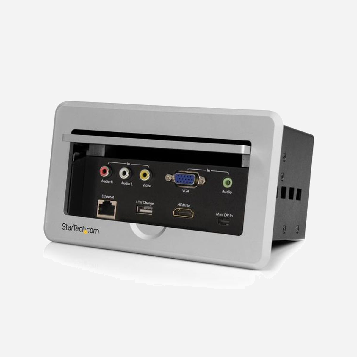 StarTech.com BOX4HDECP Boîtier de Table - HDMI/VGA/Mini DP vers HDMI, USB Charge Rapide, Ethernet, Résolution 1080p - Installez ce panneau de connectivité audio/vidéo dans la table d'une salle de conférence et branchez l'écran d'un ordinateur portable avec HDMI, VGA ou mDP vers un écran HDMI<br/><br/>Cette boîte de connectivité pour table de conférence est discrète, intégrée à la table et vous permet de connecter un appareil VGA, Mini DisplayPort, HDMI ou vidéo composite à un écran ou un vidéoprojecteur HDMI. Lorsque le commutateur vidéo n'est pas en cours d'utilisation, vous pouvez simplement faire glisser l'élégant panneau protecteur sur les connecteurs pour les dissimuler à l'intérieur de la surface de la table ou du podium.<br/><br/>Accès pratique<br/><br/>Les présentateurs peuvent facilement partager le contenu de leur propre appareil avec le commutateur de la table et ainsi convertir automatiquement toute source d'un périphérique audio/vidéo connecté en une sortie HDMI. Le boîtier de commutation permet également une intégration élégante à votre salle de conférence ou de classe moderne grâce à son panneau escamotable discret. Pour plus de commodité, le BOX4HDECP comporte un port de charge USB permettant de charger votre appareil mobile ainsi qu'un port Ethernet Pass-Through assurant une connectivité Internet dans les salles de conférence où le WiFi n'est pas disponible.<br/><br/>Collaboration facile<br/><br/>Le commutateur audio/vidéo rend votre grand écran accessible à tous les appareils vidéo des présentateurs en pouvant être installé directement dans la surface de votre table ou podium et en émettant automatiquement la source vidéo la plus récemment connectée. De plus, la prise en charge de résolutions vidéo haute définition jusqu'à 1920x1080 (1080 p) vous apporte la garantie d'une présentation de qualité.<br/><br/>Options de connectivité<br/><br/>Prise en charge de différentes entrées vidéo, notamment : HDMI, VGA, Mini DisplayPort et composite, le commutateur vidéo est compatible avec pratiquement tous les ordinateurs portables, Ultrabook ou appareils mobiles comme MacBook, Microsoft Surface Pro 2 & 3, et Lenovo X1. Le panneau de commutation fonctionne même avec les appareils audio/vidéo ancienne génération, comme les lecteurs DVD, et prend en charge l'utilisation d'adaptateurs vidéo pour vos iPhone ou iPad.<br/><br/>Le modèle BOX4HDECP bénéficie de la garantie StarTech.com de 2 ans et de l’assistance technique à vie gratuite.<br/><br/>The StarTech.com Advantage<br/><br/>- L'installation dissimulée dans la table élimine les enchevêtrements de câbles<br/>- Assure la compatibilité de connexion entre la salle de conférence et les ordinateurs portables et Ultrabooks<br/>- Connexion par câble unique à votre écran HDMI