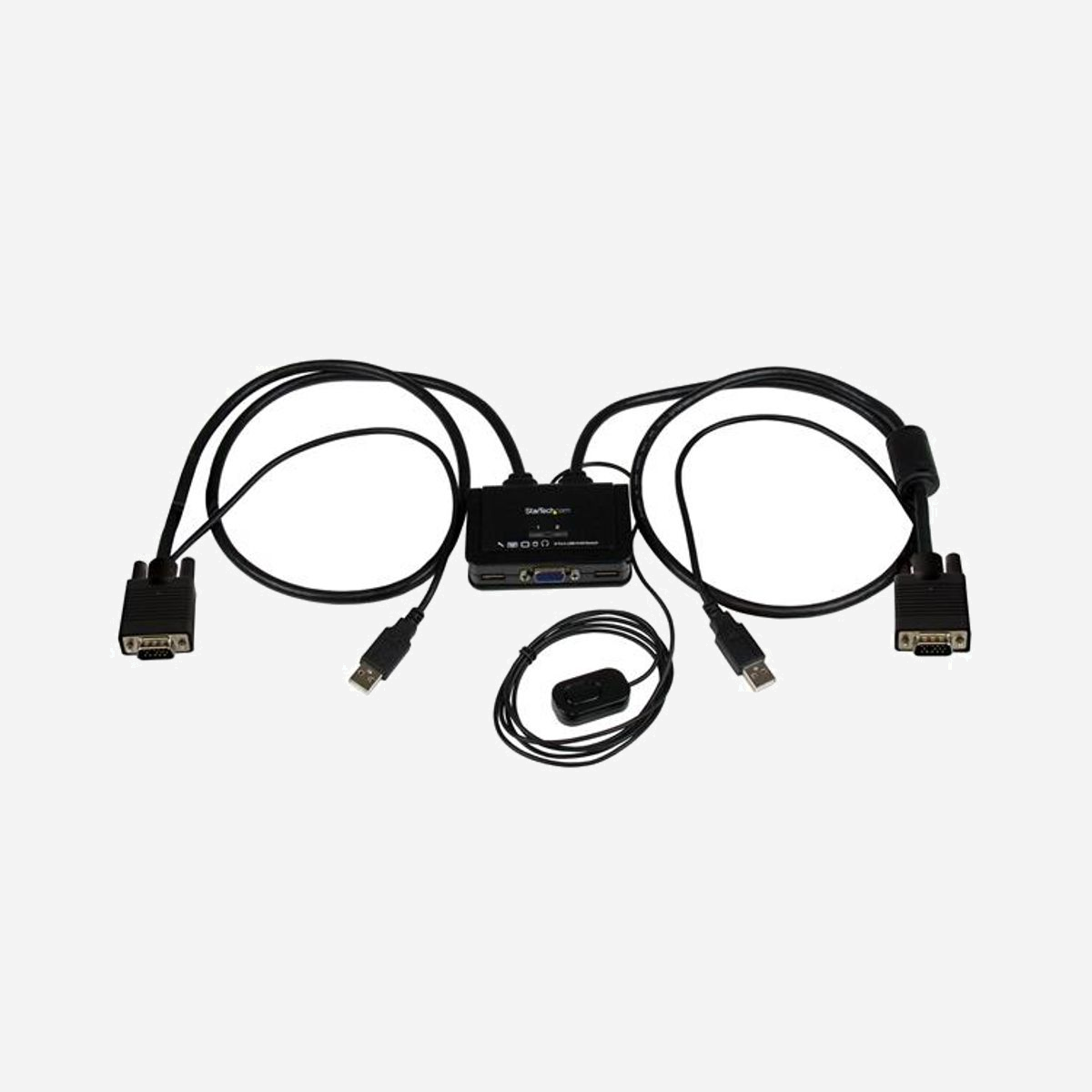 StarTech.com SV211USB Switch KVM 2 Ports VGA USB 2048x1536 avec Câbles Intégrés 0.85m, Contrôle par Bouton Déporté et Compatibilité Windows/macOS - Contrôlez 2 ordinateurs VGA compatibles USB à l’aide d’un seul jeu de périphériques comprenant un écran, un clavier et une souris<br/><br/>Le commutateur KVM VGA 2 ports avec câbles SV211USB vous permet de contrôler deux PC VGA USB avec un seul jeu de clavier, souris et écran.<br/><br/>Pour vous aider à organiser votre bureau sans sacrifier votre précieux espace de travail, ce commutateur KVM VGA USB est compact et équipé de câbles KVM intégrés pouvant être connectés directement à vos systèmes. De plus, le KVM est alimenté par USB, ce qui élimine la nécessité d'utiliser un adaptateur d'alimentation externe volumineux et une prise murale.<br/><br/>Ce commutateur KVM VGA prend en charge les résolutions jusqu'à 2048 x 1536, ce qui permet d'utiliser un écran VGA haute résolution. Pour pouvoir facilement basculer d'un système connecté à l'autre; le KVM est équipé d'un bouton-poussoir distant pratique, situé sur un câble de 1,5 mètre, ainsi que d'un clavier avec touches de raccourci et d'un logiciel de commutation compatible avec PC ou Mac®.<br/><br/>The StarTech.com Advantage<br/>