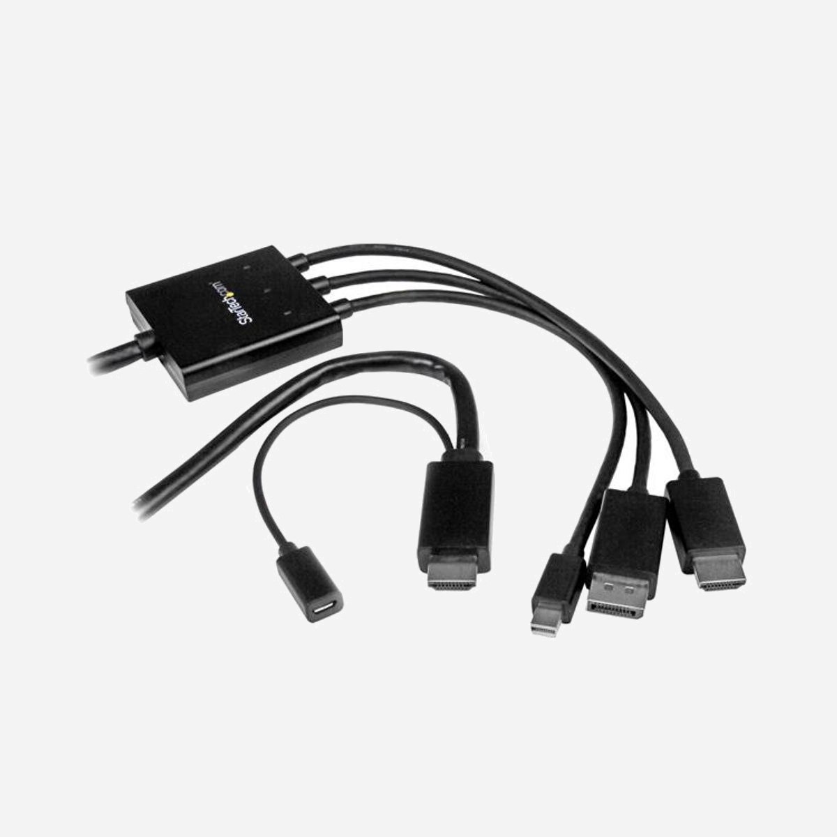 StarTech.com Câble Adaptateur 2m HDMI vers HDMI + DisplayPort/Mini DisplayPort Mâle/Mâle, Résolution 4K UHD, Alimentation USB, Noir - Connectez votre ordinateur portable HDMI, DisplayPort ou Mini DisplayPort à un écran ou un vidéoprojecteur HDMI<br/><br/>Ce câble adaptateur unique permet de brancher pratiquement n'importe quel ordinateur portable ou de bureau à un écran ou un vidéoprojecteur HDMI®. Il prend en charge la sortie HDMI, DisplayPort™ et Mini DisplayPort de votre ordinateur et des résolutions vidéo jusqu'à Ultra HD 4K.<br/><br/>Polyvalent, ce câble adaptateur est compatible avec Thunderbolt™ lorsqu'il est connecté directement à un port d'entrée/sortie DisplayPort sur Thunderbolt.<br/><br/>Installation facile en salle de conférence<br/><br/>Ce câble adaptateur s'adapte parfaitement à l'écran ou au vidéoprojecteur HDMI de votre salle de conférence. Il suffit de ce simple câble adaptateur prenant en charge toute une gamme de signaux pour réduire le désordre et éliminer tous les adaptateurs qui encombrent la table de la salle de conférence.<br/><br/>Un seul adaptateur pour plusieurs utilisateurs<br/><br/>Le câble adaptateur prend en charge toute une gamme de signaux d'entrée. Il pourra ainsi servir à de nombreux utilisateurs. Les employés et les invités pourront y brancher leur ordinateur portable HDMI, DP ou mDP pour effectuer leur présentation sur l'écran HDMI de votre salle de conférence, sans avoir à transporter leurs propres adaptateurs.<br/><br/>Une qualité d’image étonnante<br/><br/>Avec ce câble adaptateur, vous pourrez obtenir une qualité d'image remarquable quatre fois supérieure à la résolution 1080p. Il est également rétrocompatible avec les écrans et les sources vidéo de résolution inférieure. Grâce à la prise en charge de résolutions haute définition de 1080p et 720p, préparez votre installation existante à la vidéo 4K du futur.<br/><br/>Alimentation par USB<br/><br/>Il est possible d'alimenter l'adaptateur en branchant le câble Micro-USB fourni depuis l'adaptateur à un port USB de l'ordinateur portable de l'utilisateur ou de l'écran HDMI. L'ordinateur portable se connecte alors à une sortie du câble adaptateur, ce qui permet le partage des présentations.<br/><br/>The StarTech.com Advantage<br/>